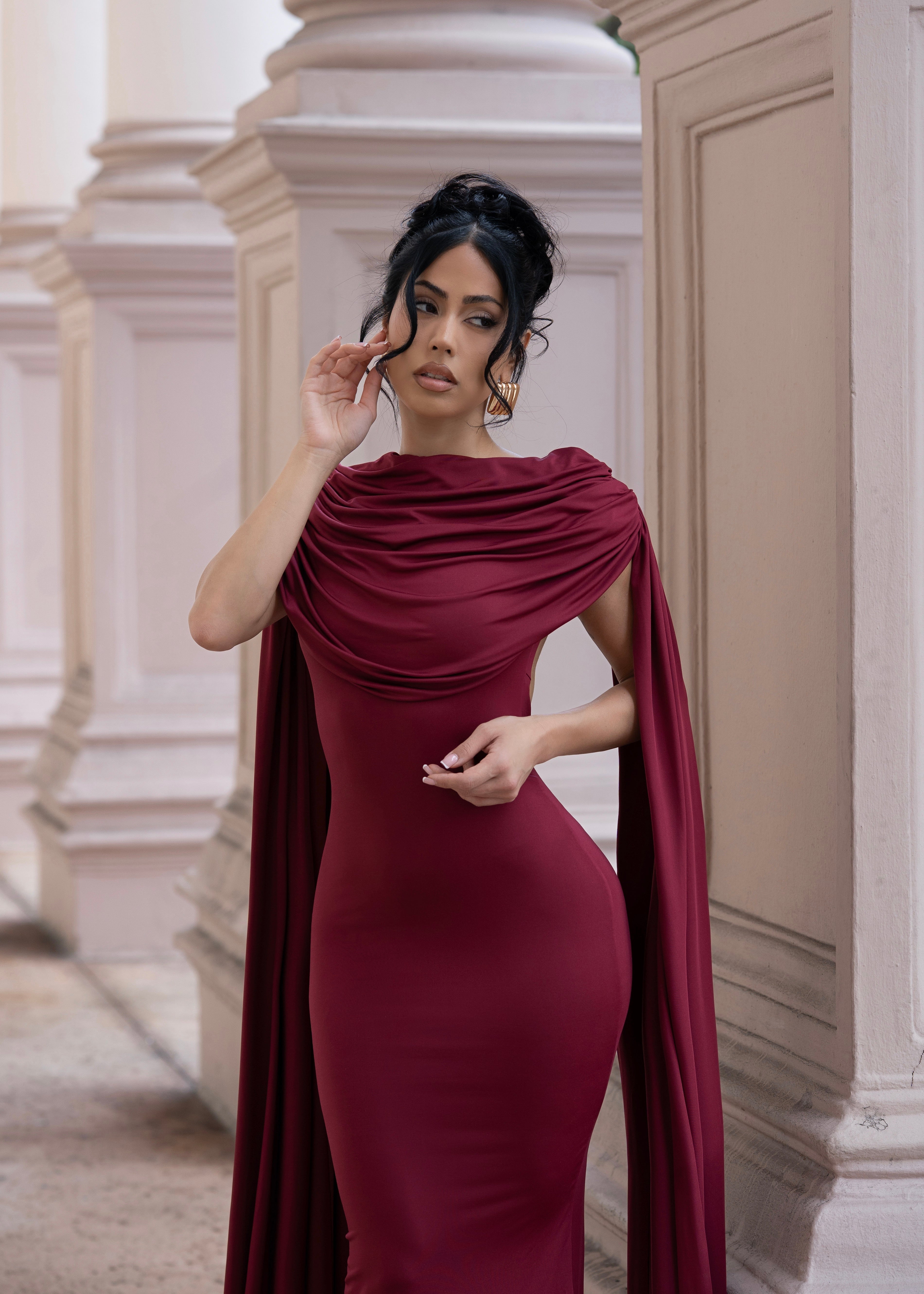 Celestial Reign Ruched Maxi Dress Red