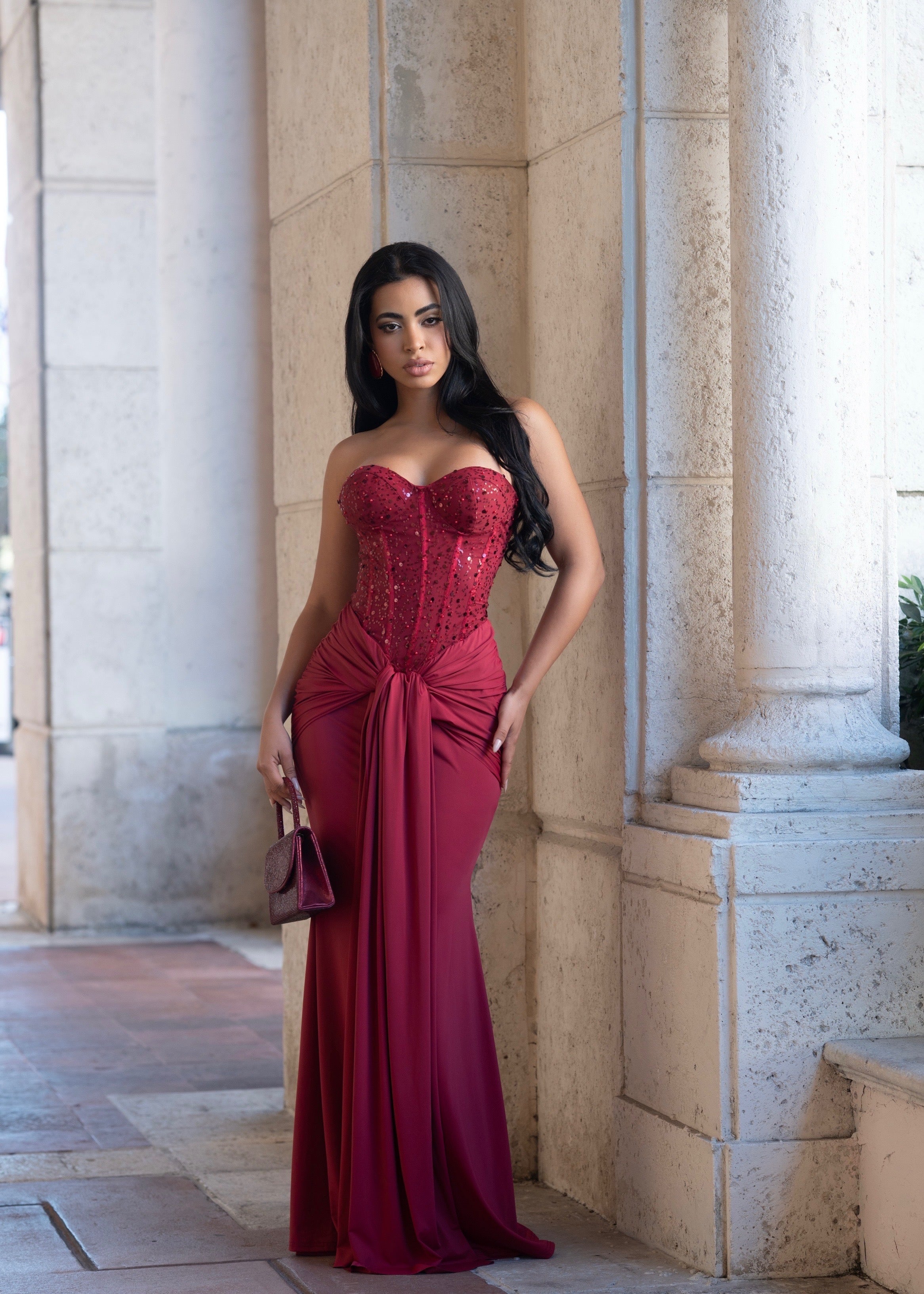 Divine Rupture Sequin Ruched Maxi Dress Red