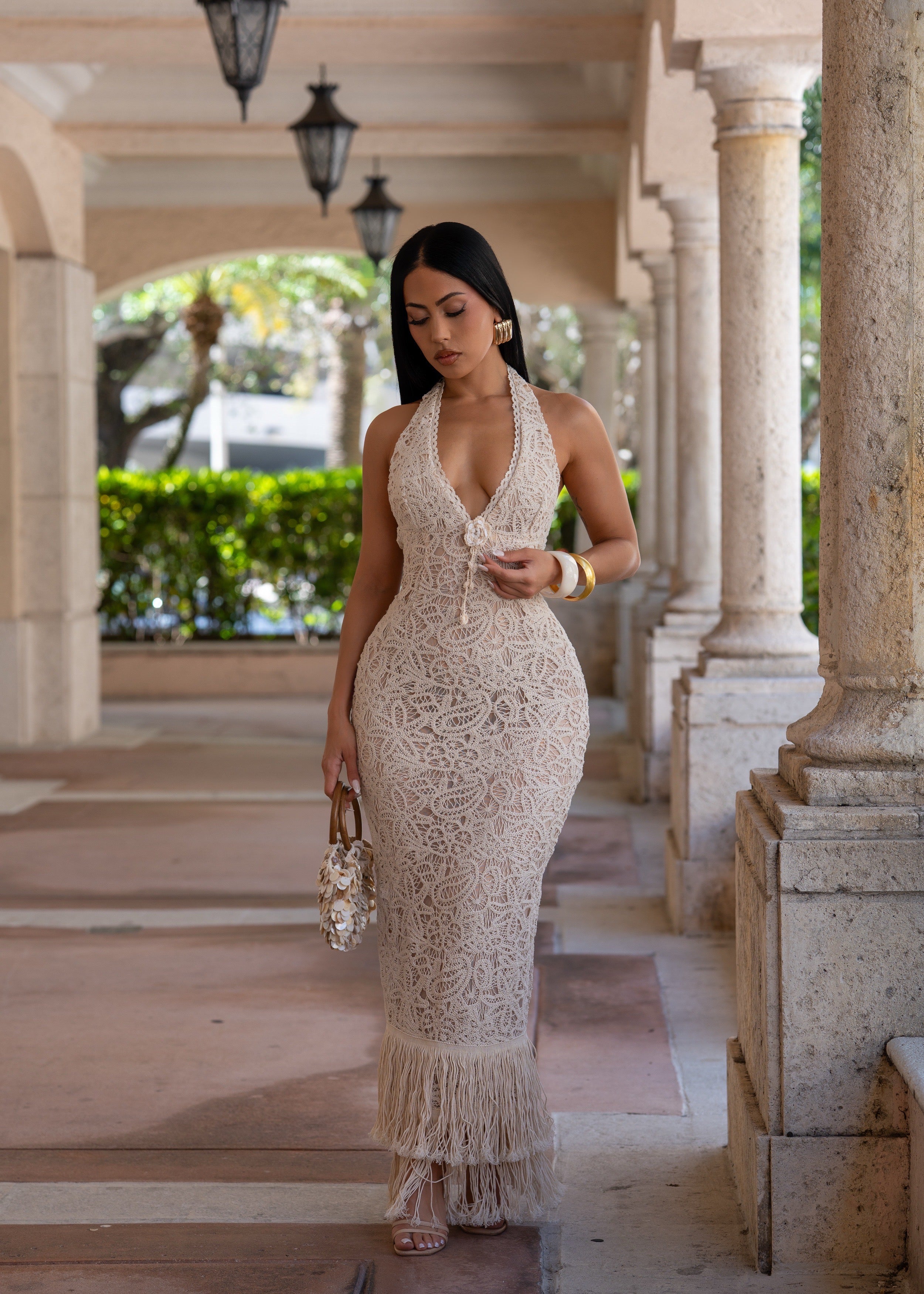 Forbidden Muse Crochet Maxi Dress Nude