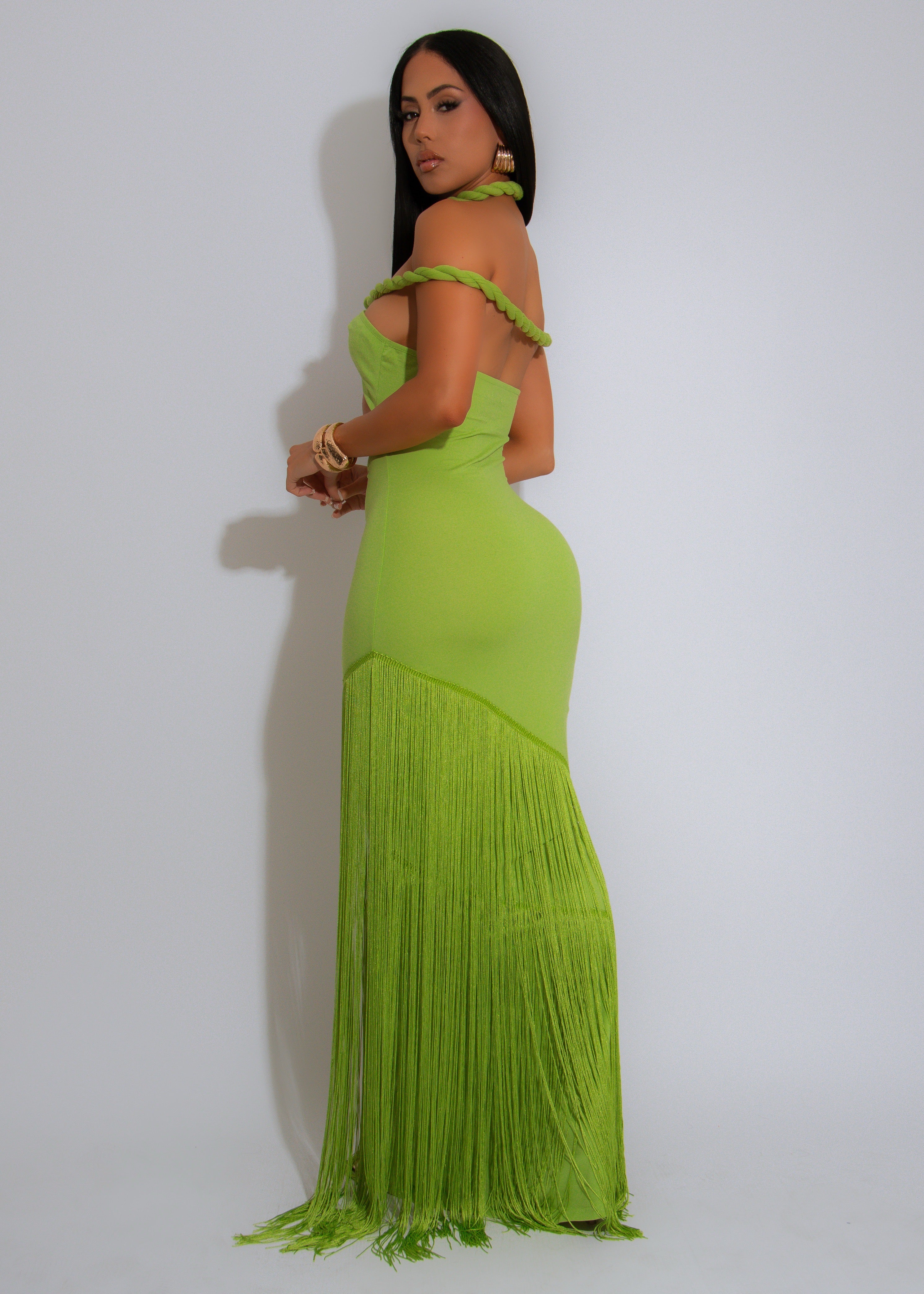 Coastal Rhythm Fringes Maxi Dress Green
