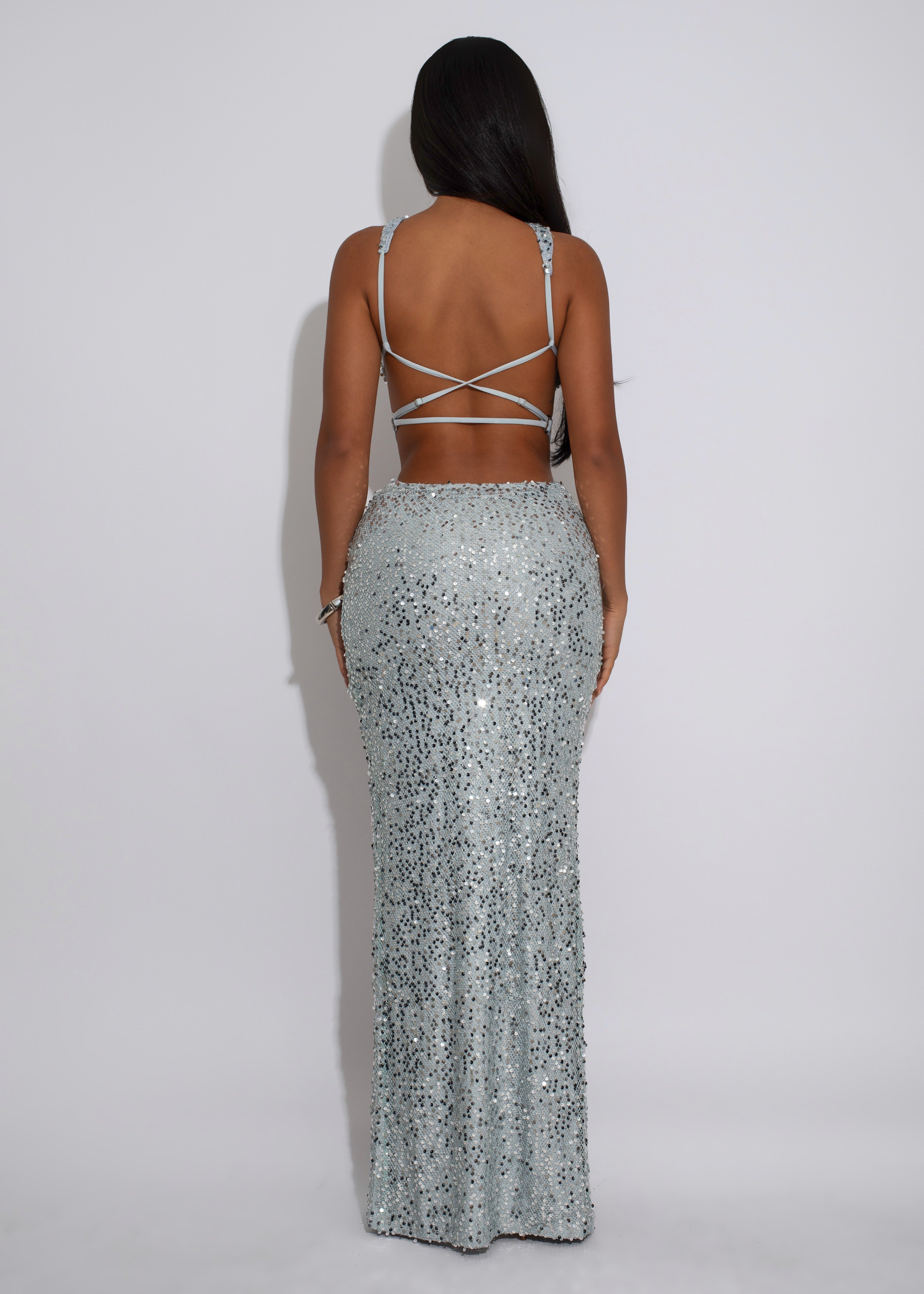 Afterglow Siren Ruched Sequin Maxi Dress Silver