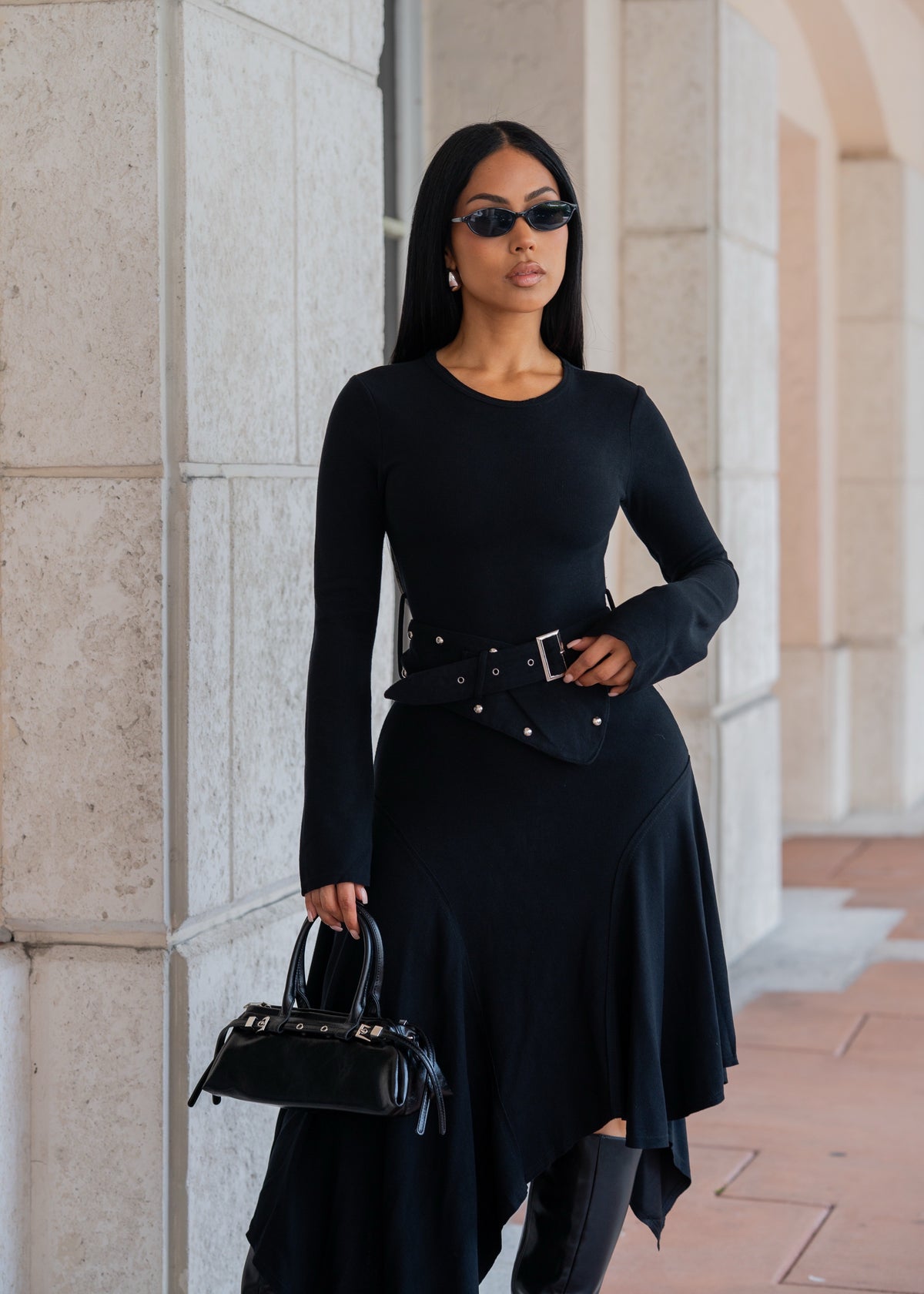 Modern Rebel Belted Midi Dress Black