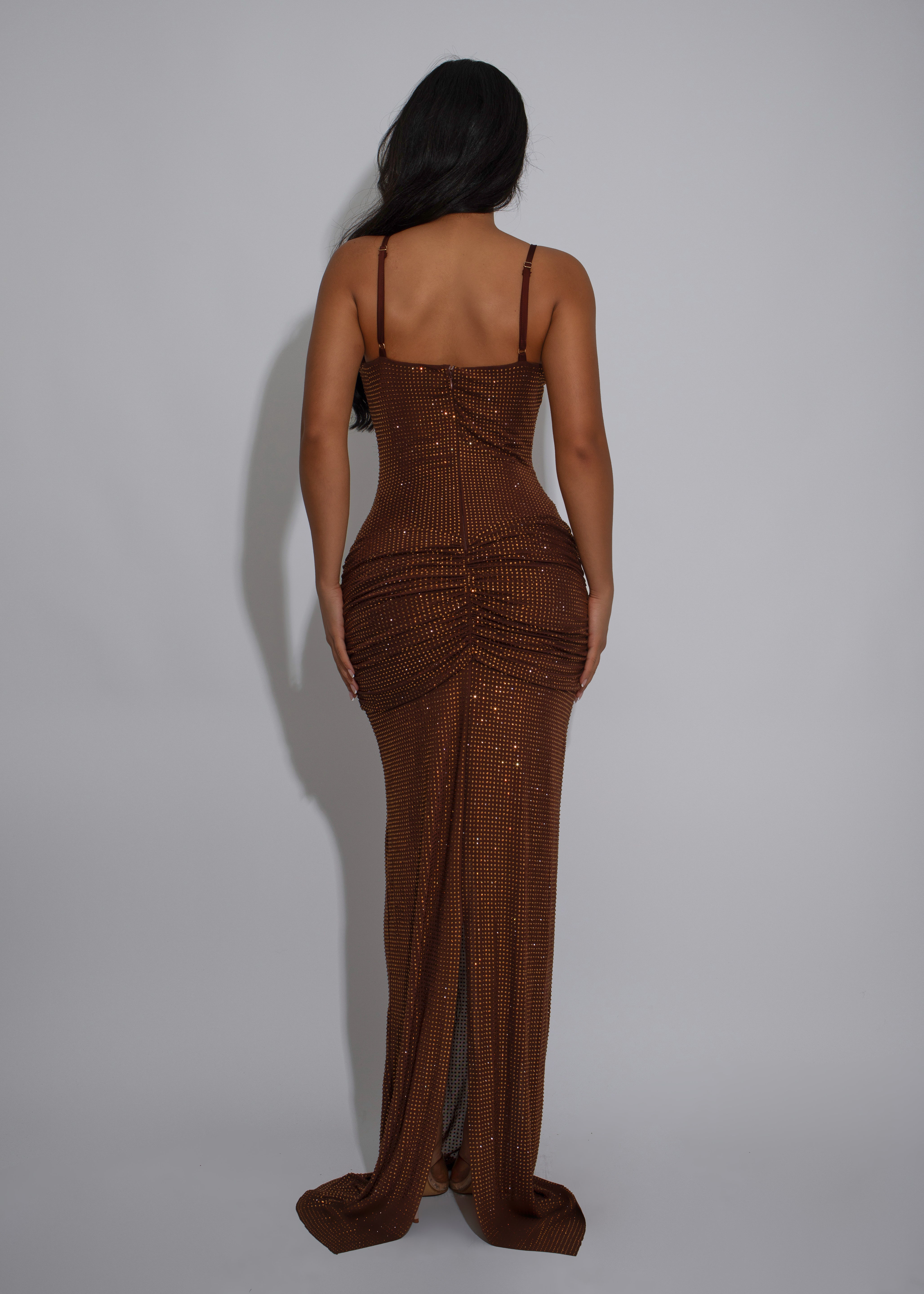 Goddess Sway Rhinestones Ruched Maxi Dress Brown