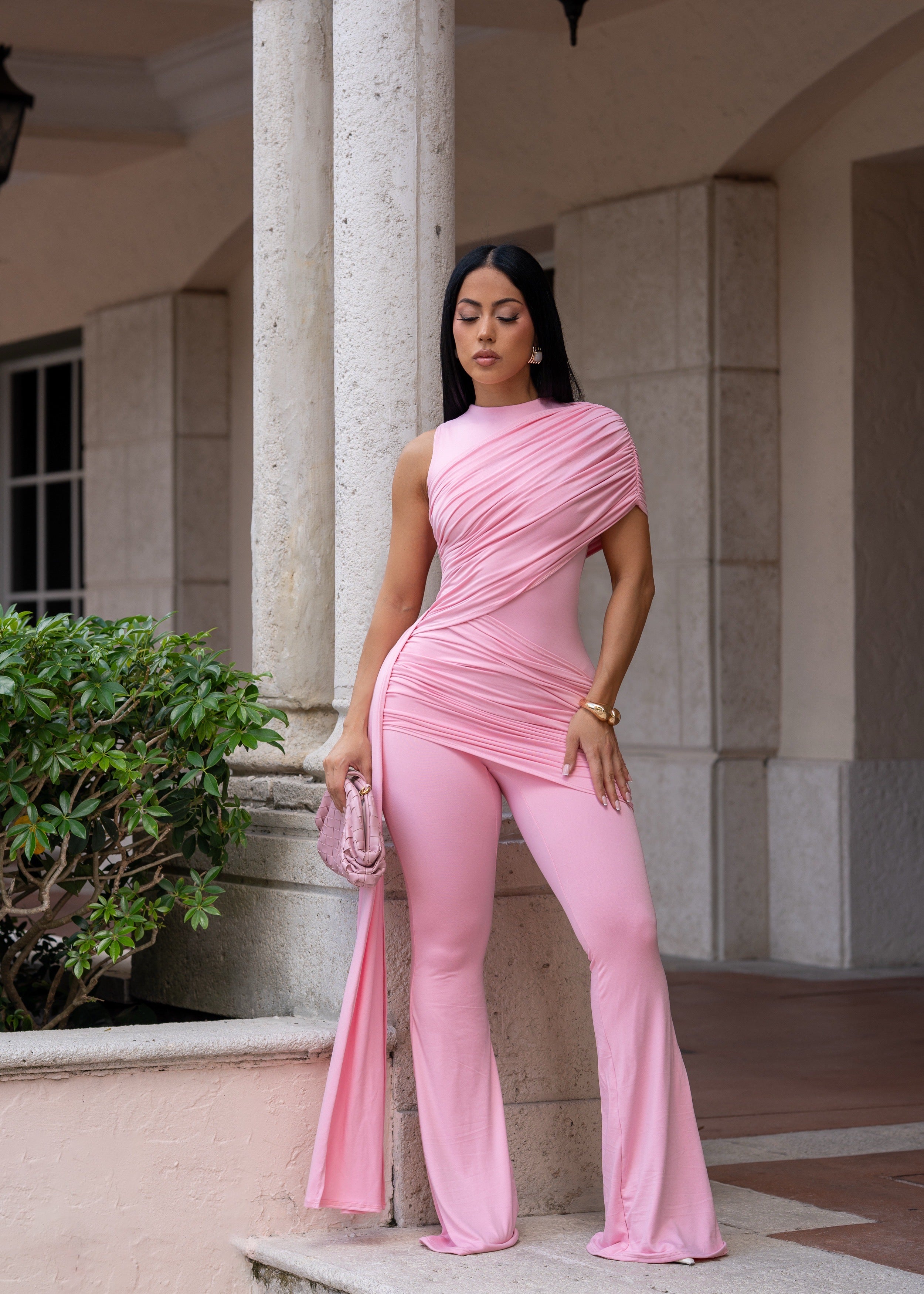 Can’t Blend In Ruched Jumpsuit Pink