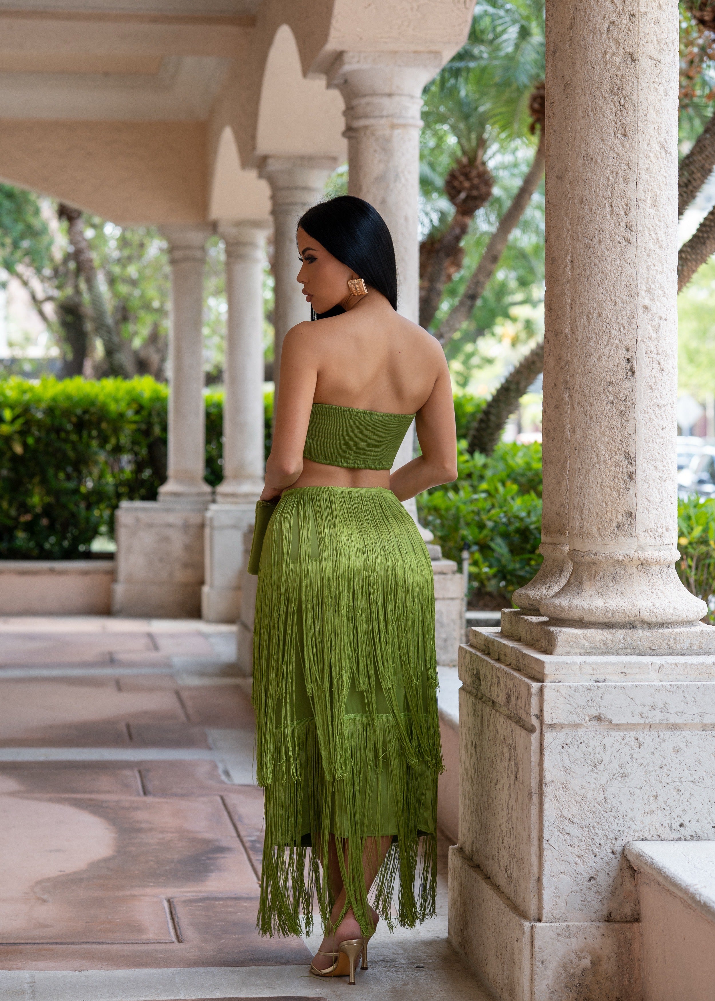 Tropic Dusk Satin Rhinestones Skirt Set Green