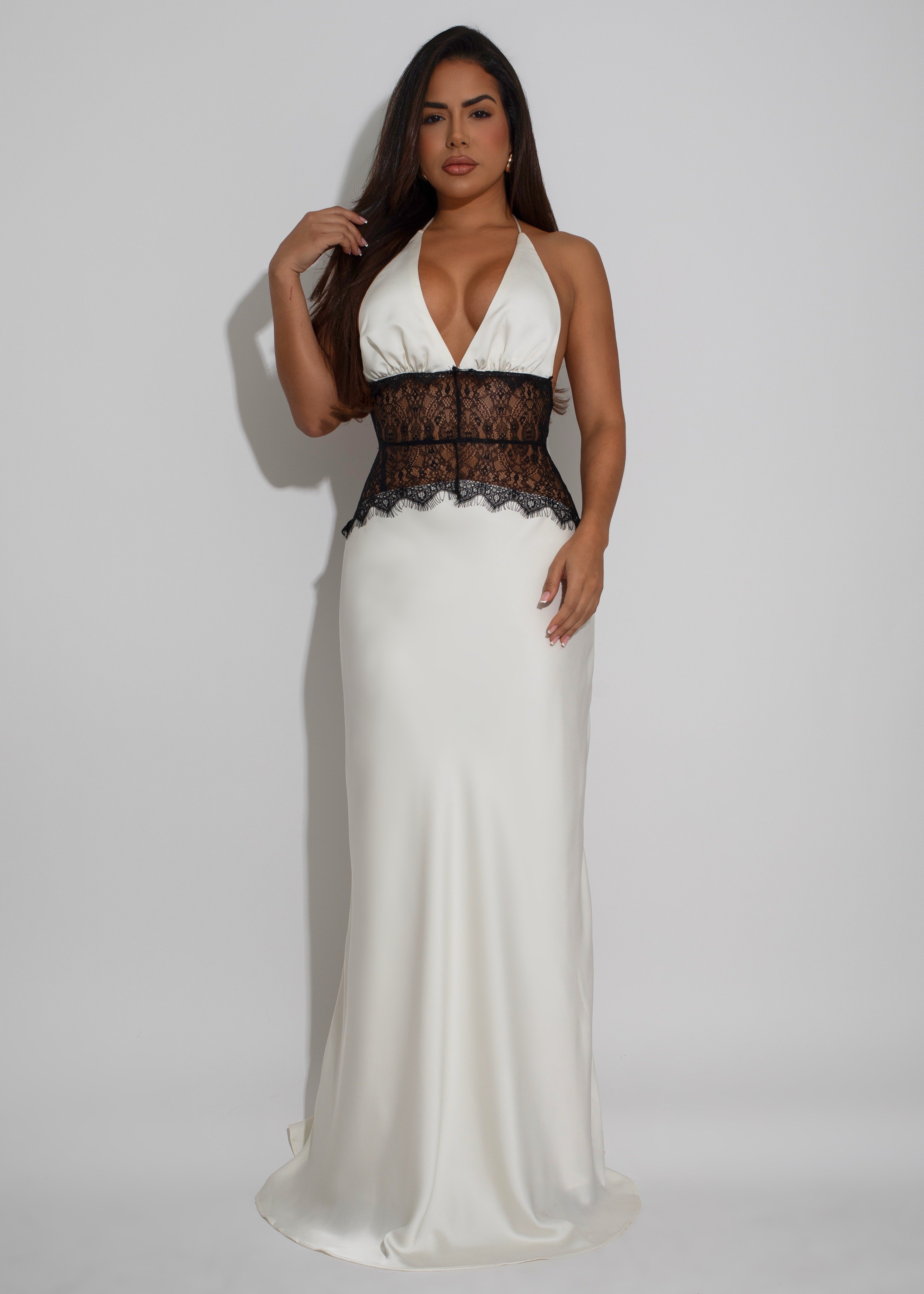 Moonlit Desire Satin Lace Maxi Dress White