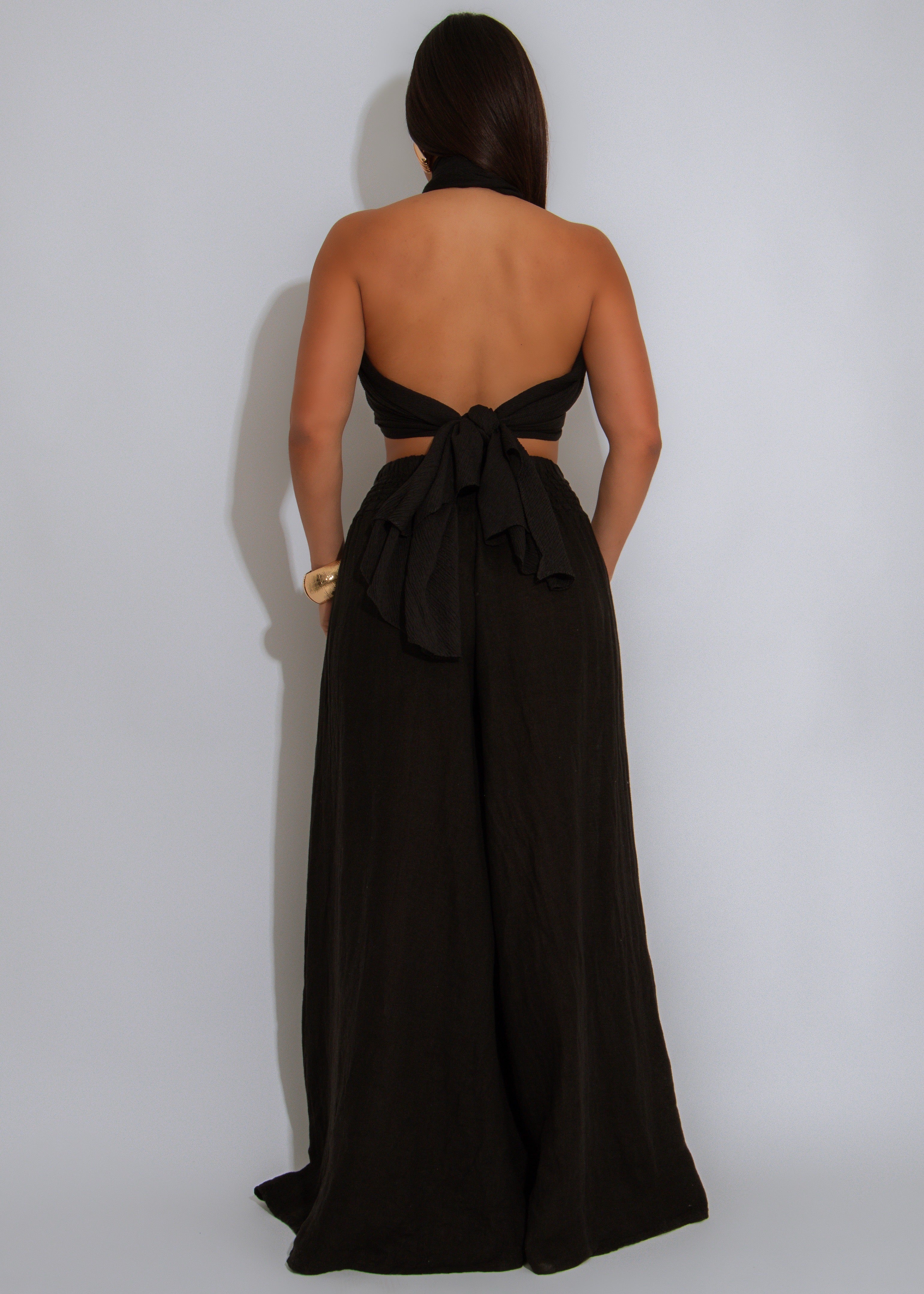 Soleil Ease Linen Ruched Pant Black