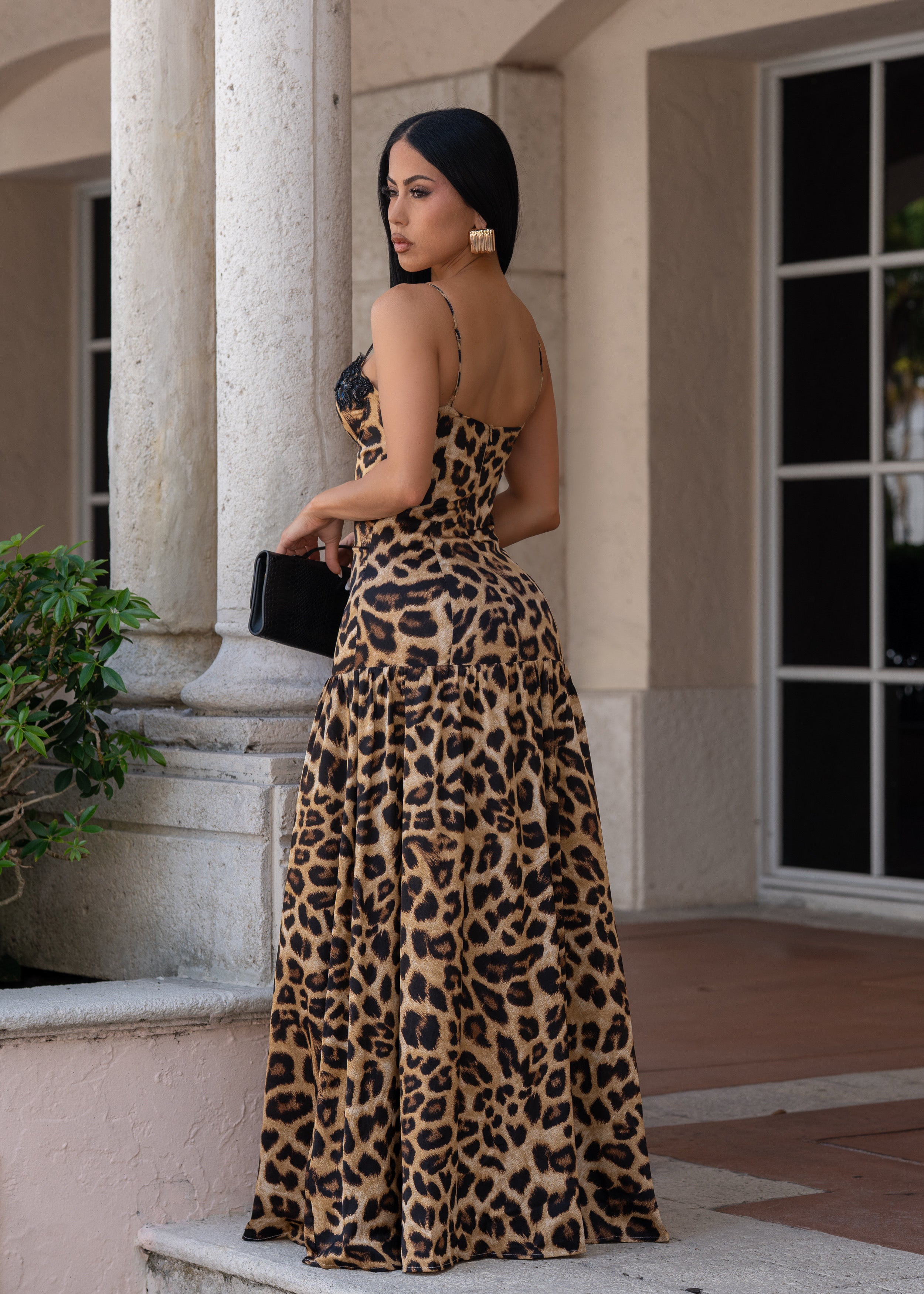 Instinctive Muse Leopard Sequin Maxi Dress Brown