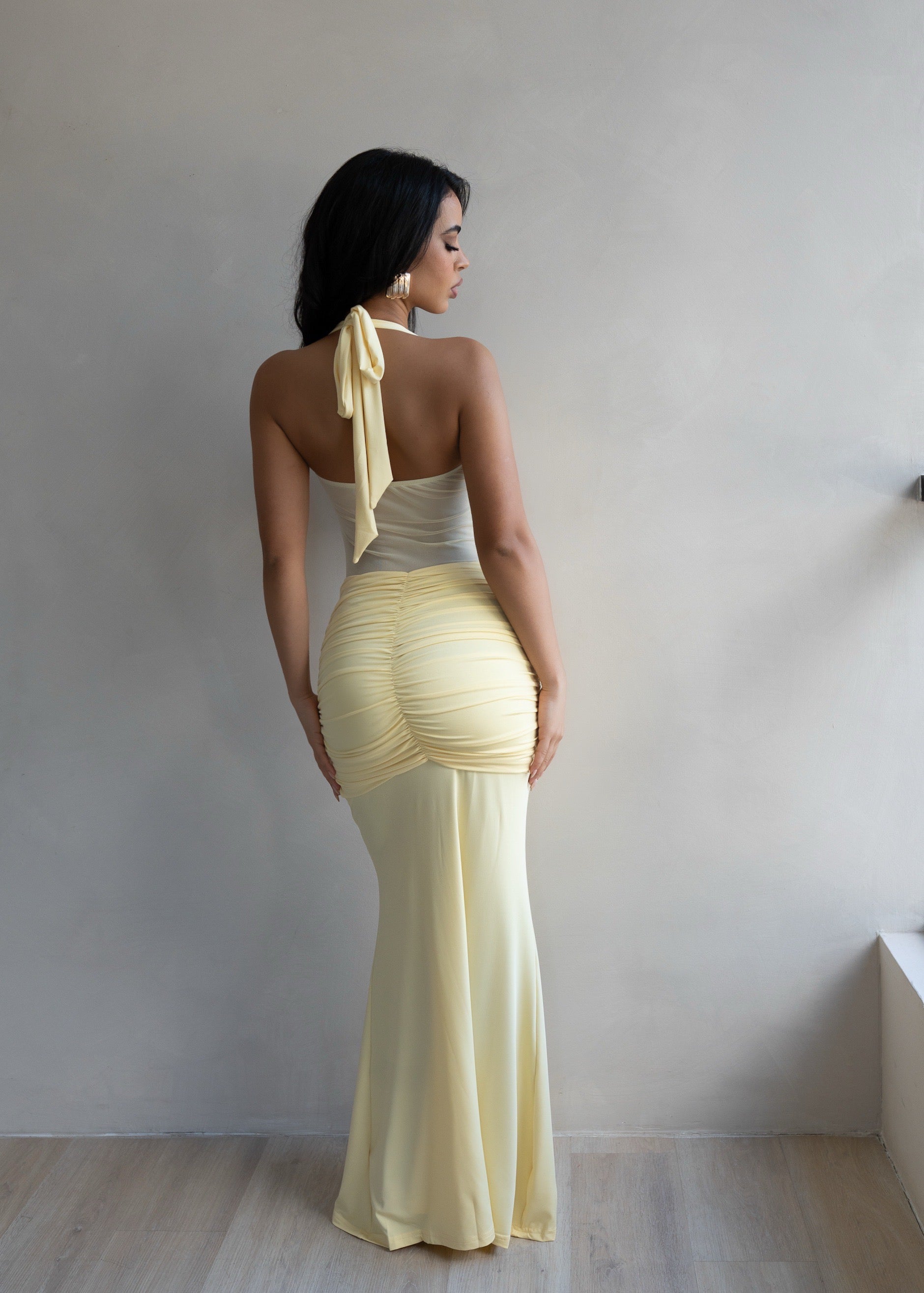 Forbidden Allure Ruched Mesh Maxi Dress Yellow