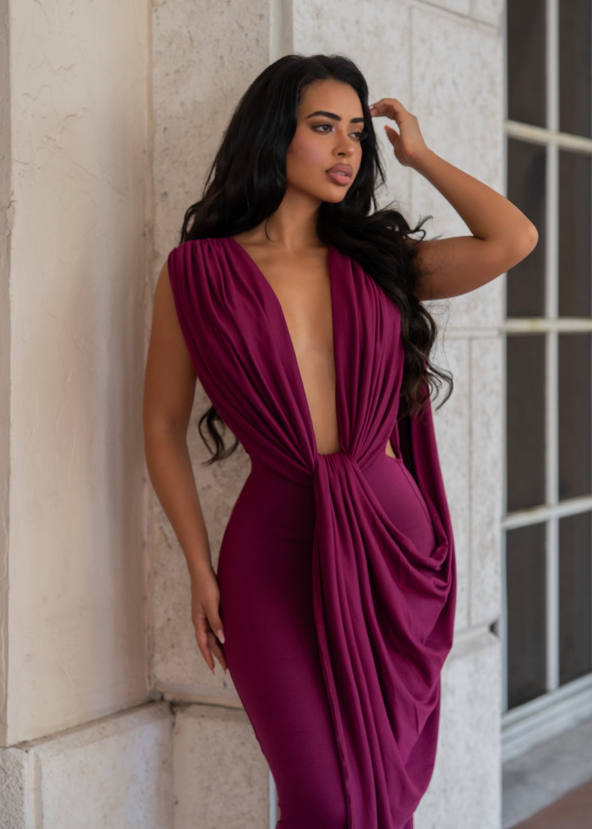 Undone Desire Ruched Midi Dress Burgundy