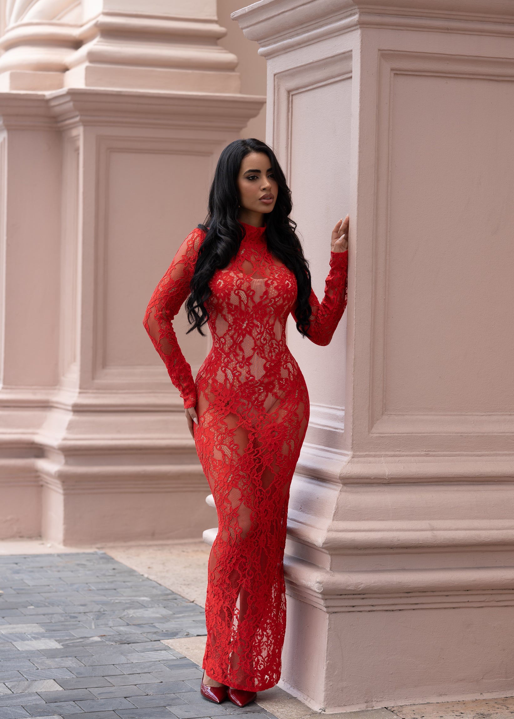Forbidden Fantasy Floral Lace Maxi Dress Red