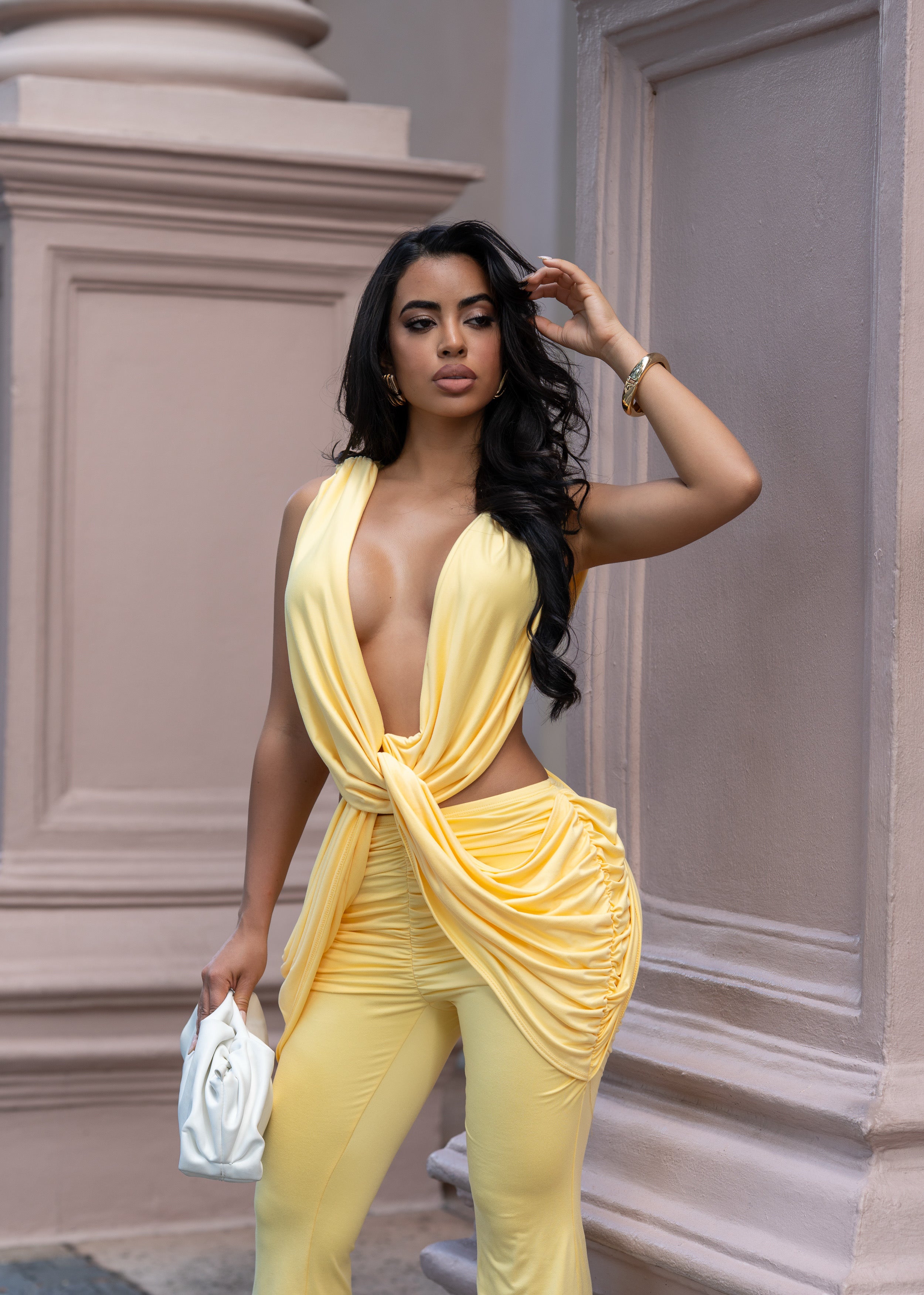 Come Alive In The Night Ruched Jumpsuit Yellow