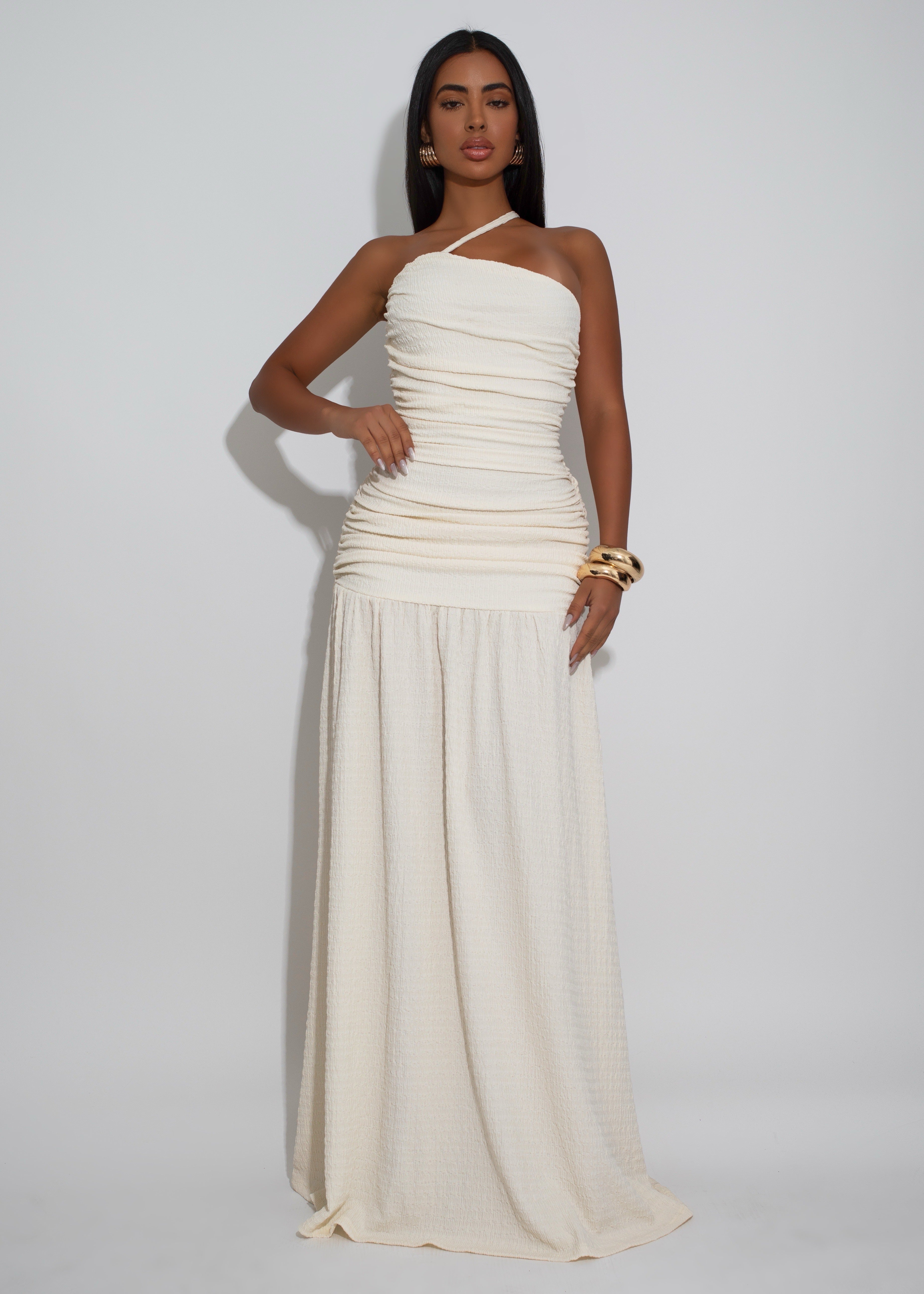 Sculpted Serenity Ruched Maxi Dress Nude