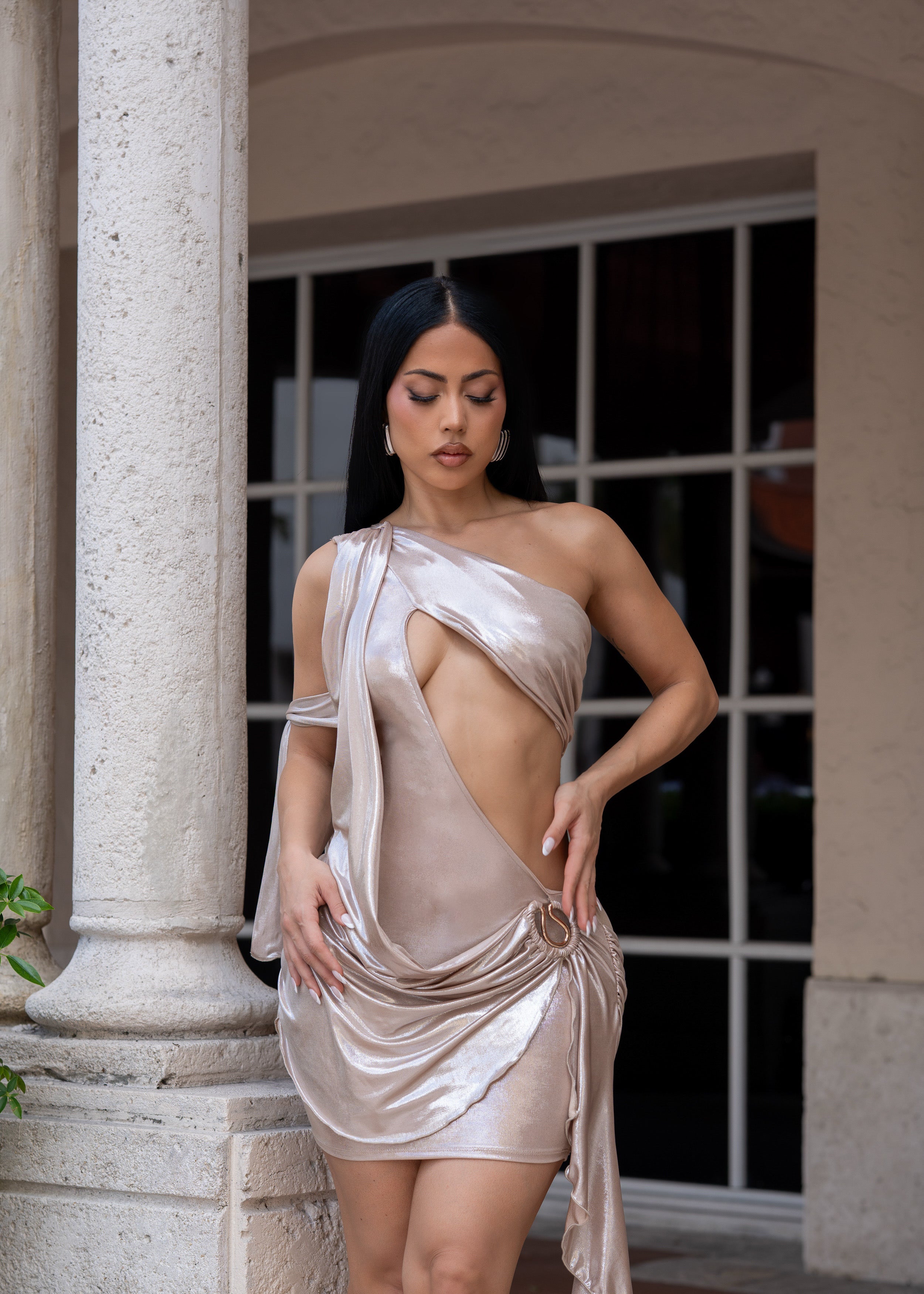 Midnight Temptress Ruched Mini Dress Gold