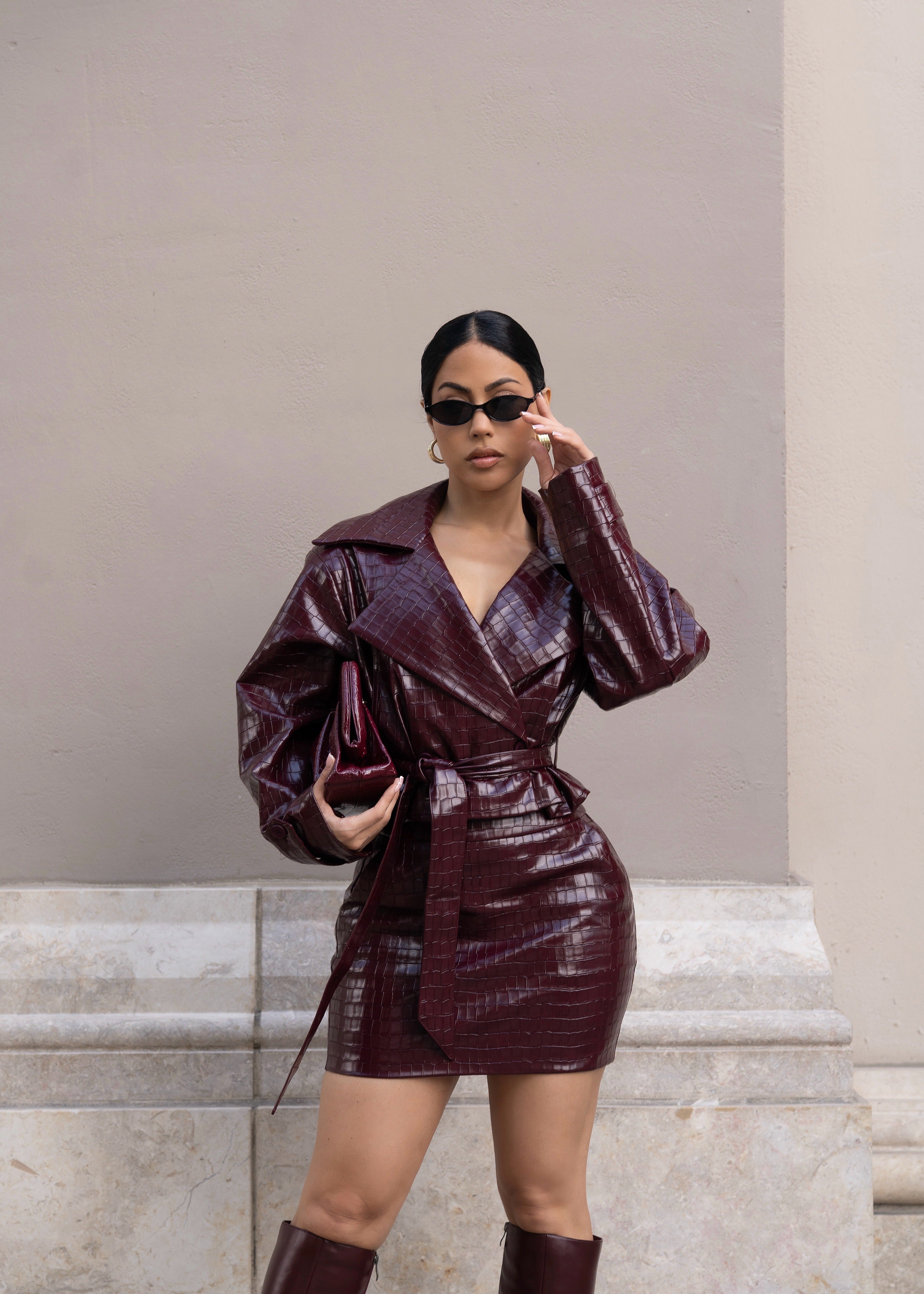 Empire Code Croc Faux Leather Skirt Set Red