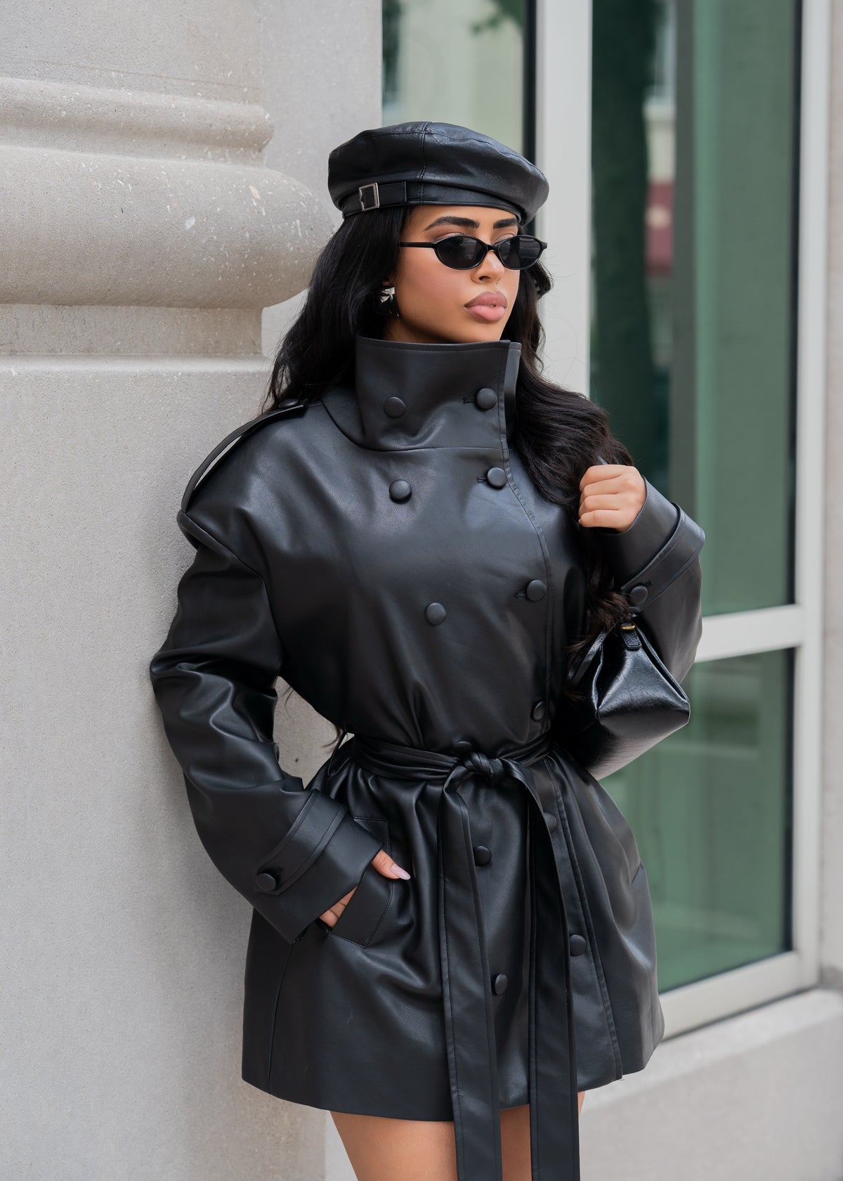 Sinful Intentions Faux Leather Mini Coat Dress Black