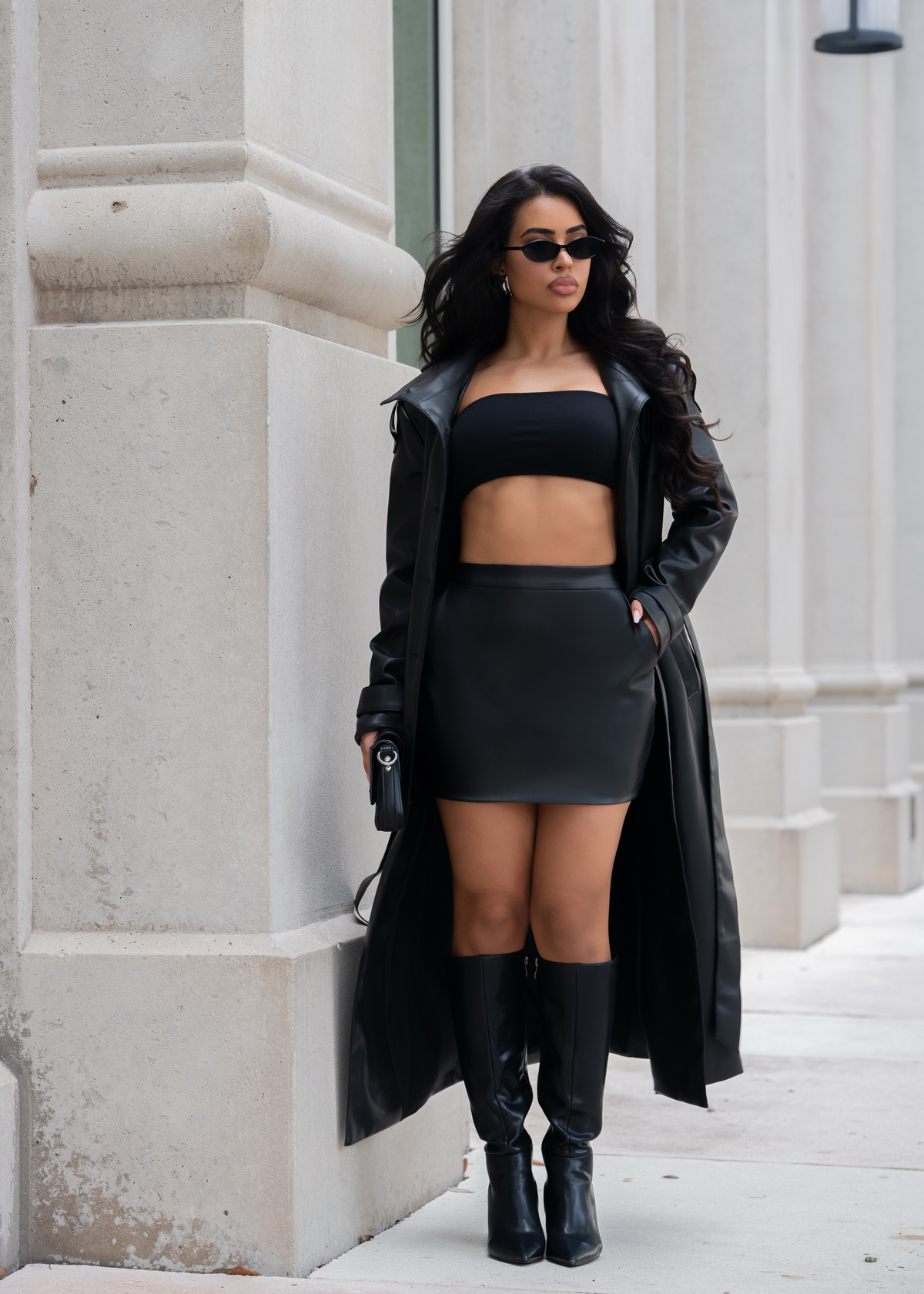Privé Obsession Faux Leather Coat Set Black