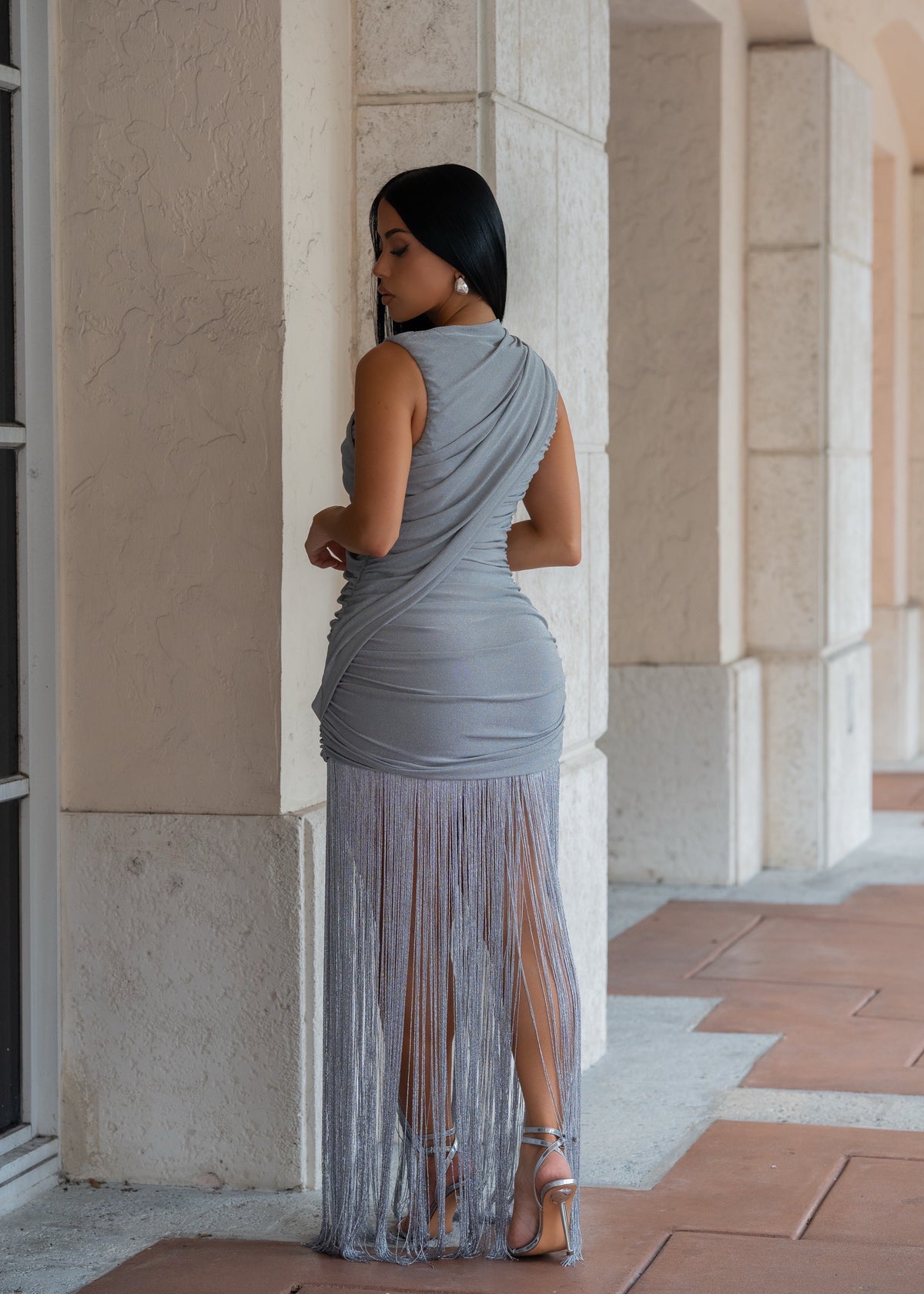 Midnight Sins Ruched Fringe Maxi Dress Silver