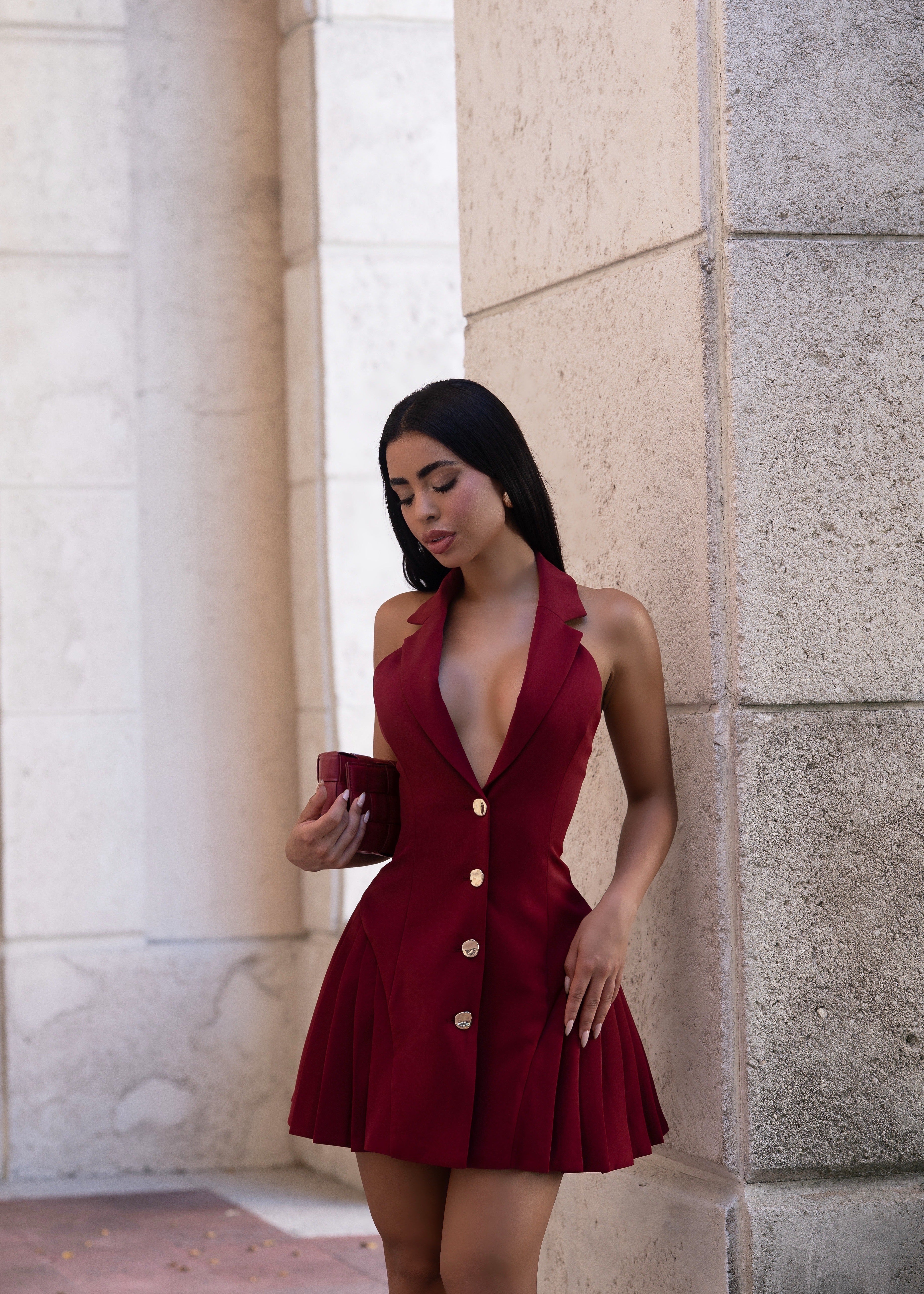 Parisian Stroll Pleated Mini Dress Red