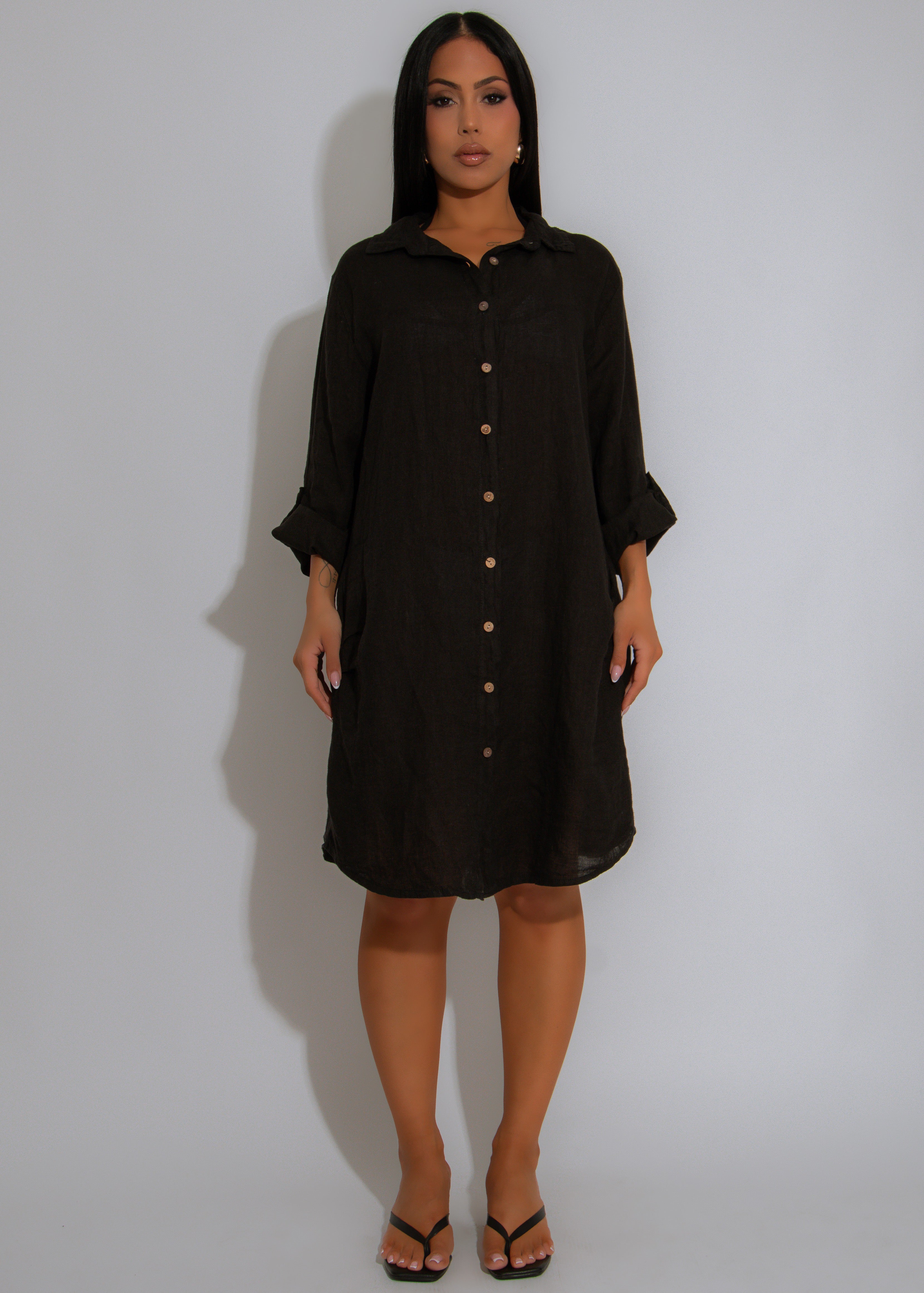 Sundown Ease Linen Mini Dress Black