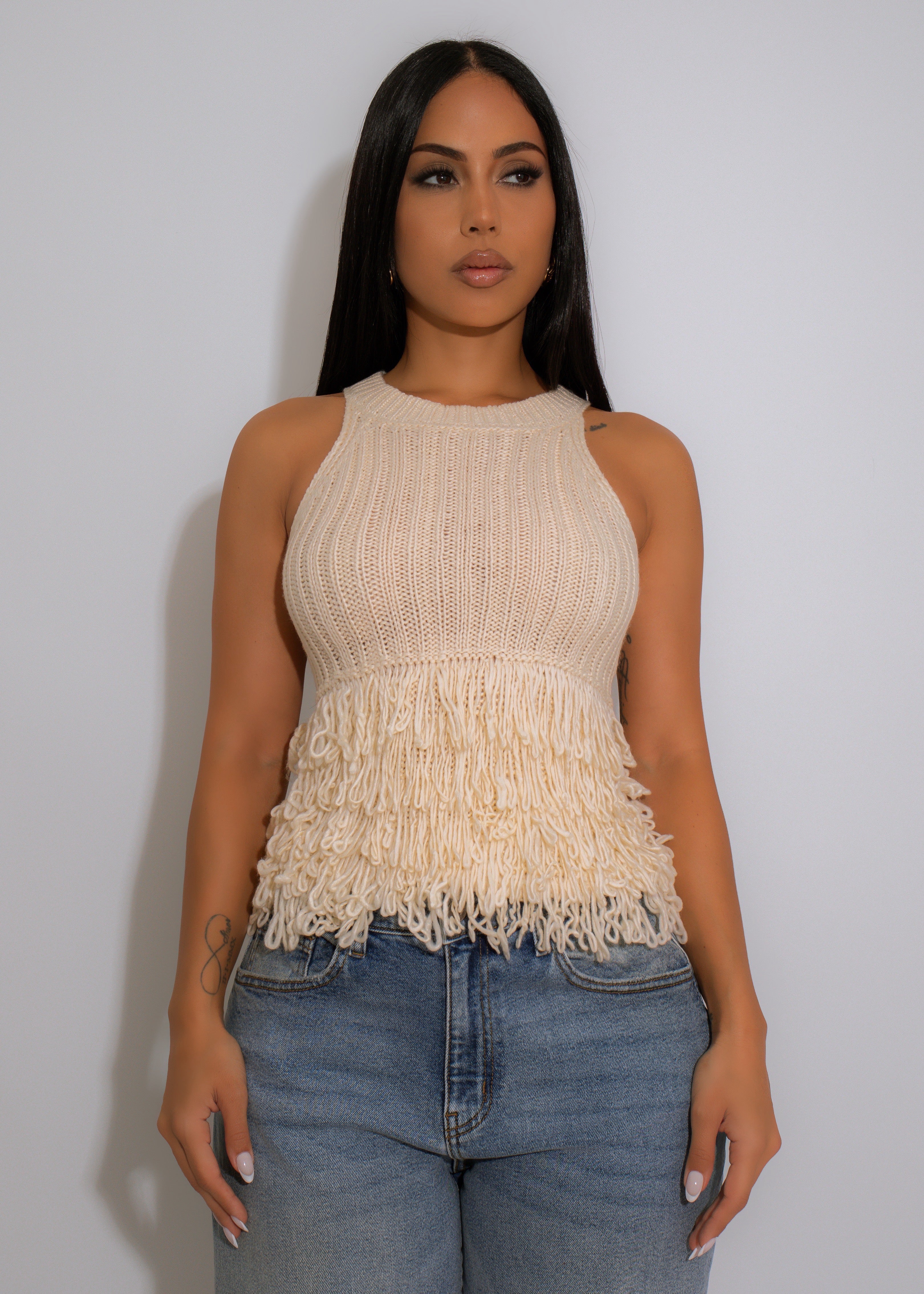 Fringe Flow Knit Long Top Nude