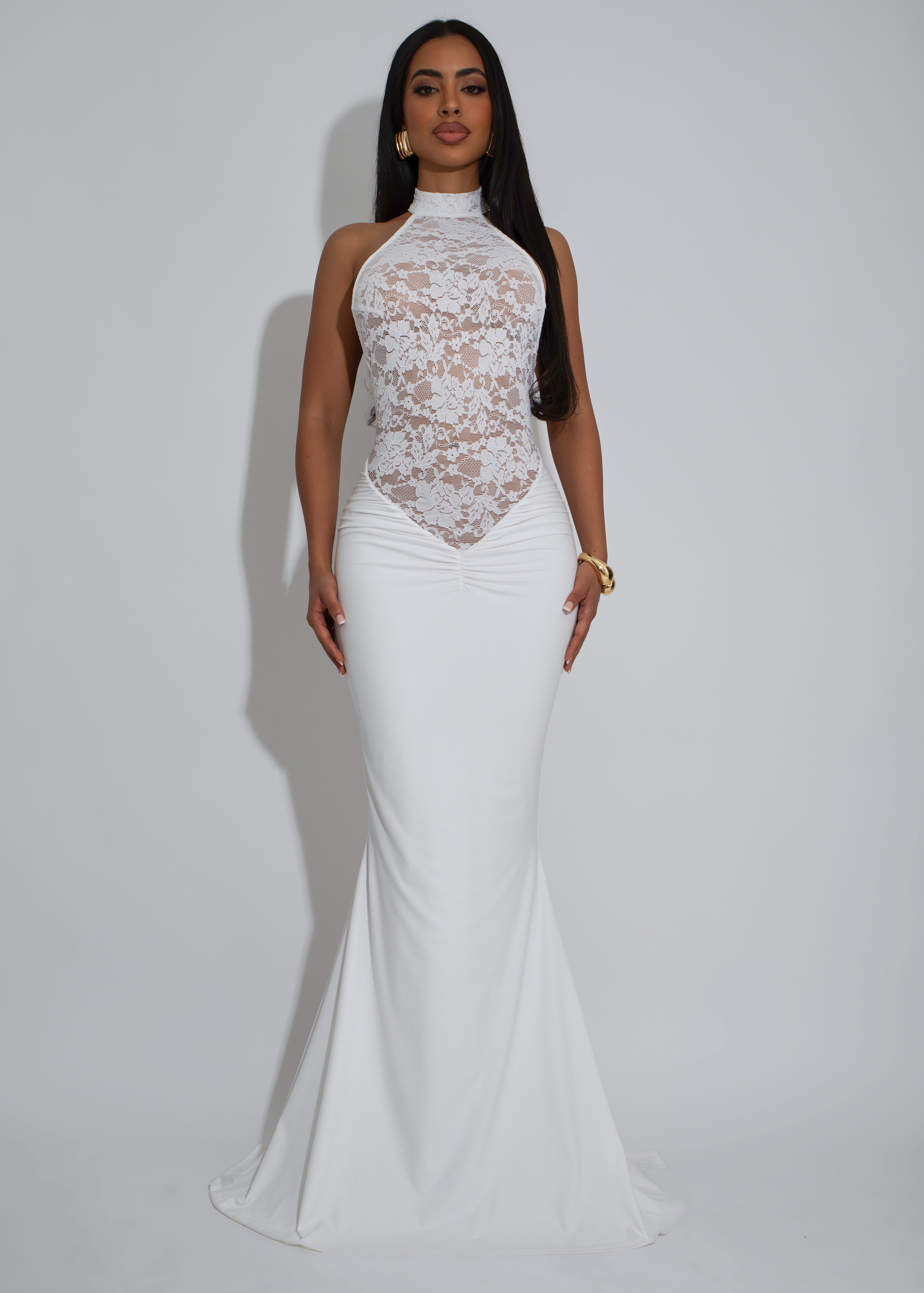 Ritual Allure Lace Ruched Maxi Dress White