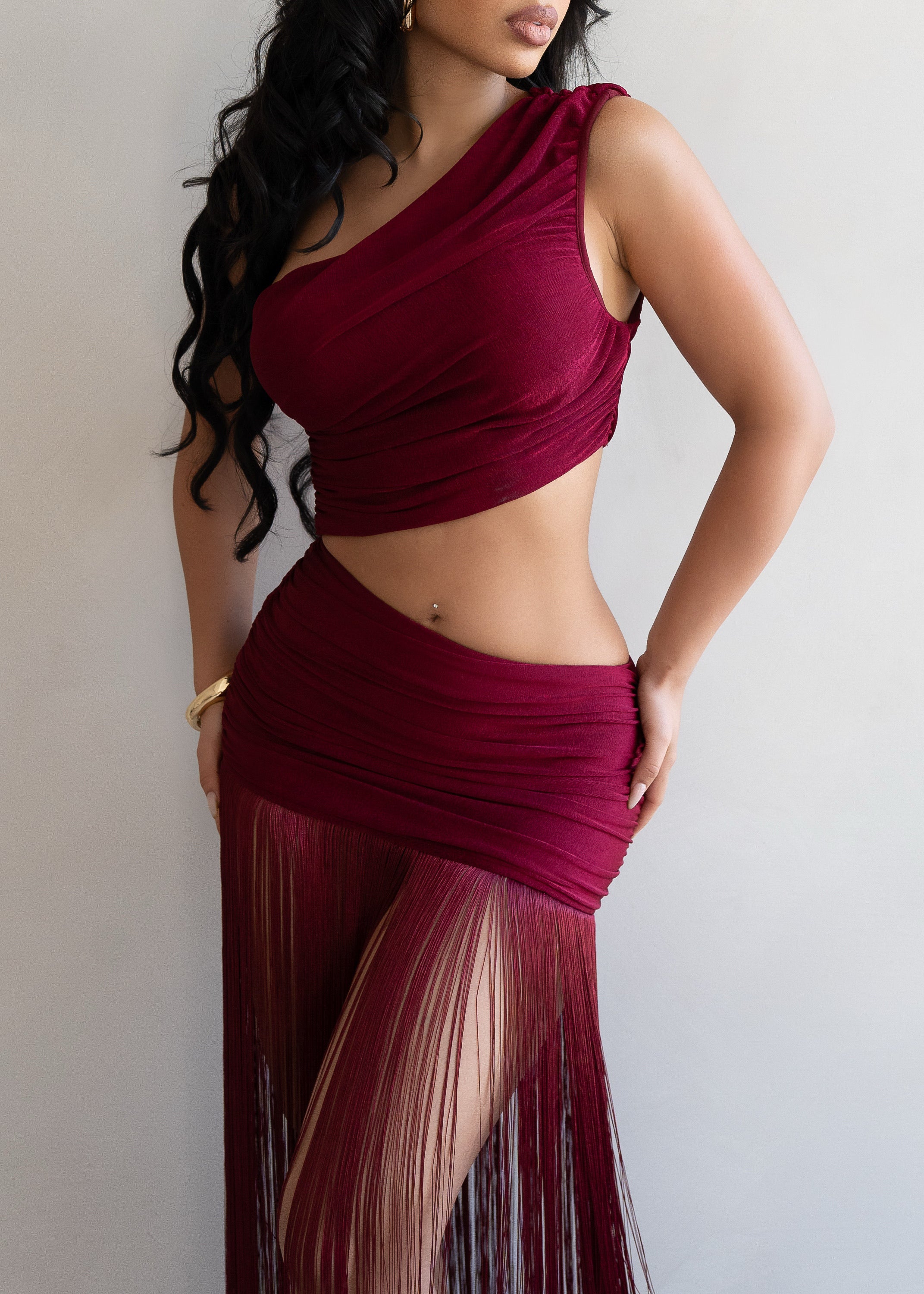 Sensuelle Command Fringes Ruched Maxi Dress Red