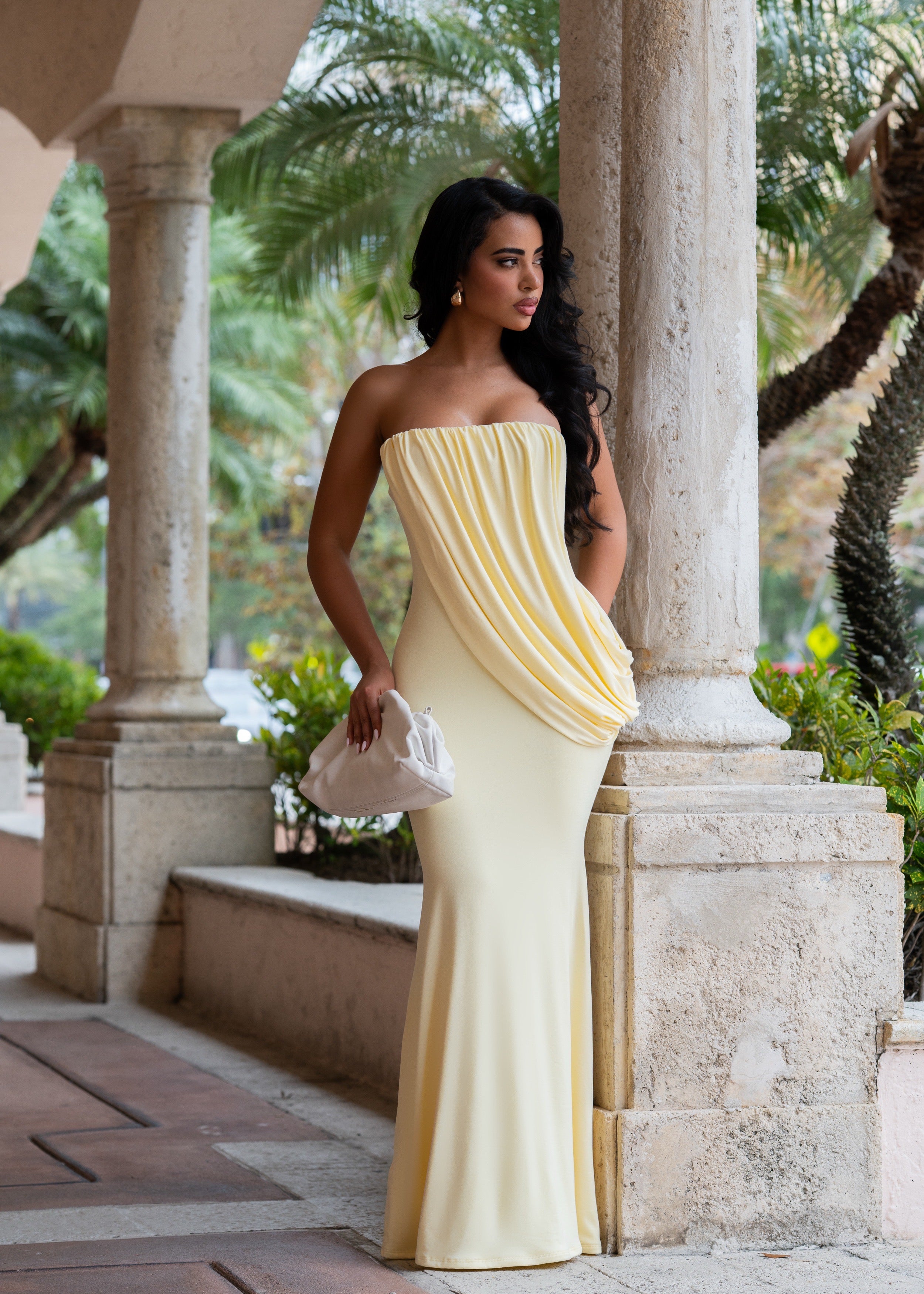 Stolen Devotion Ruched Maxi Dress Yellow