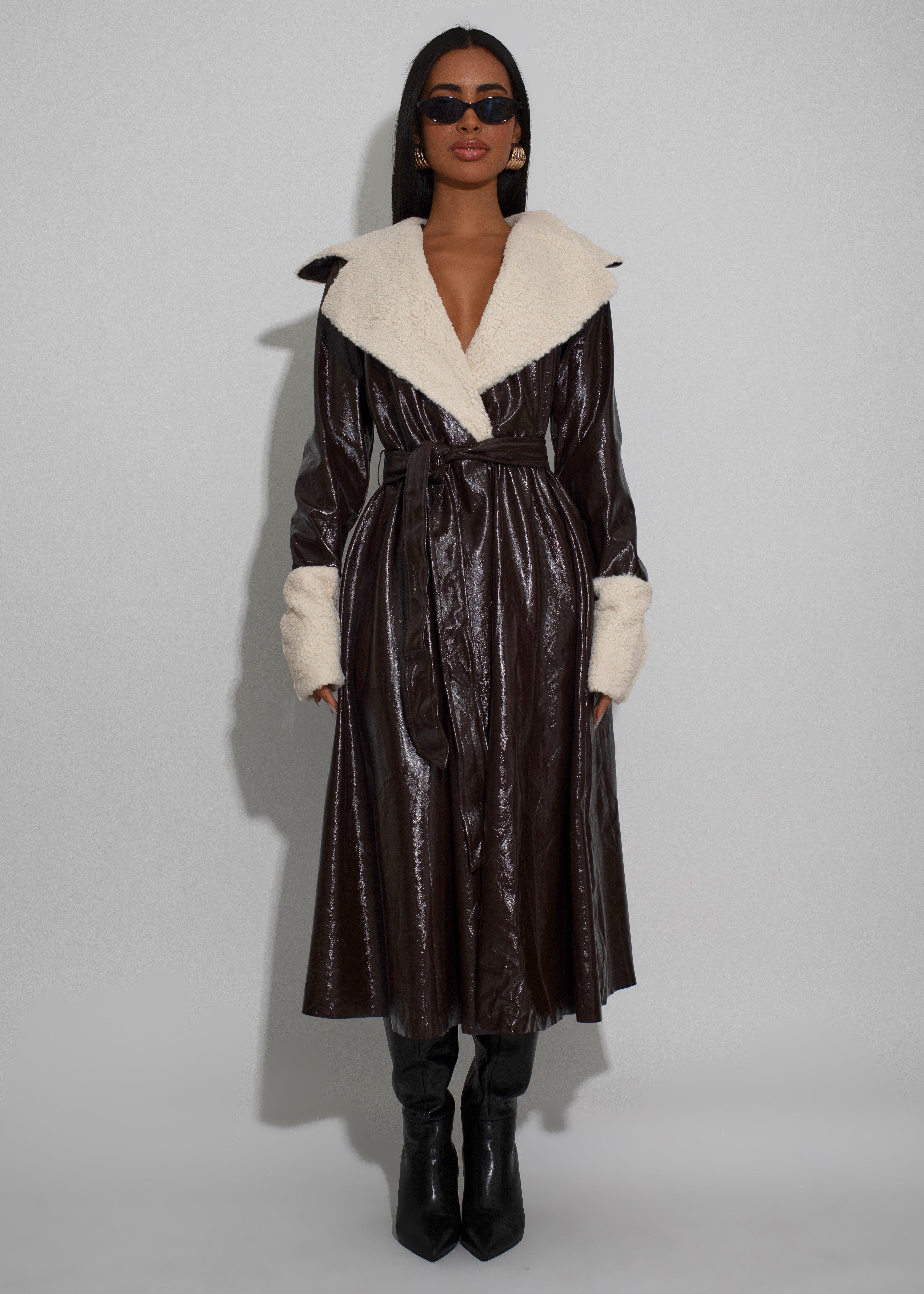 Midnight Glacier Faux Leather Coat Brown