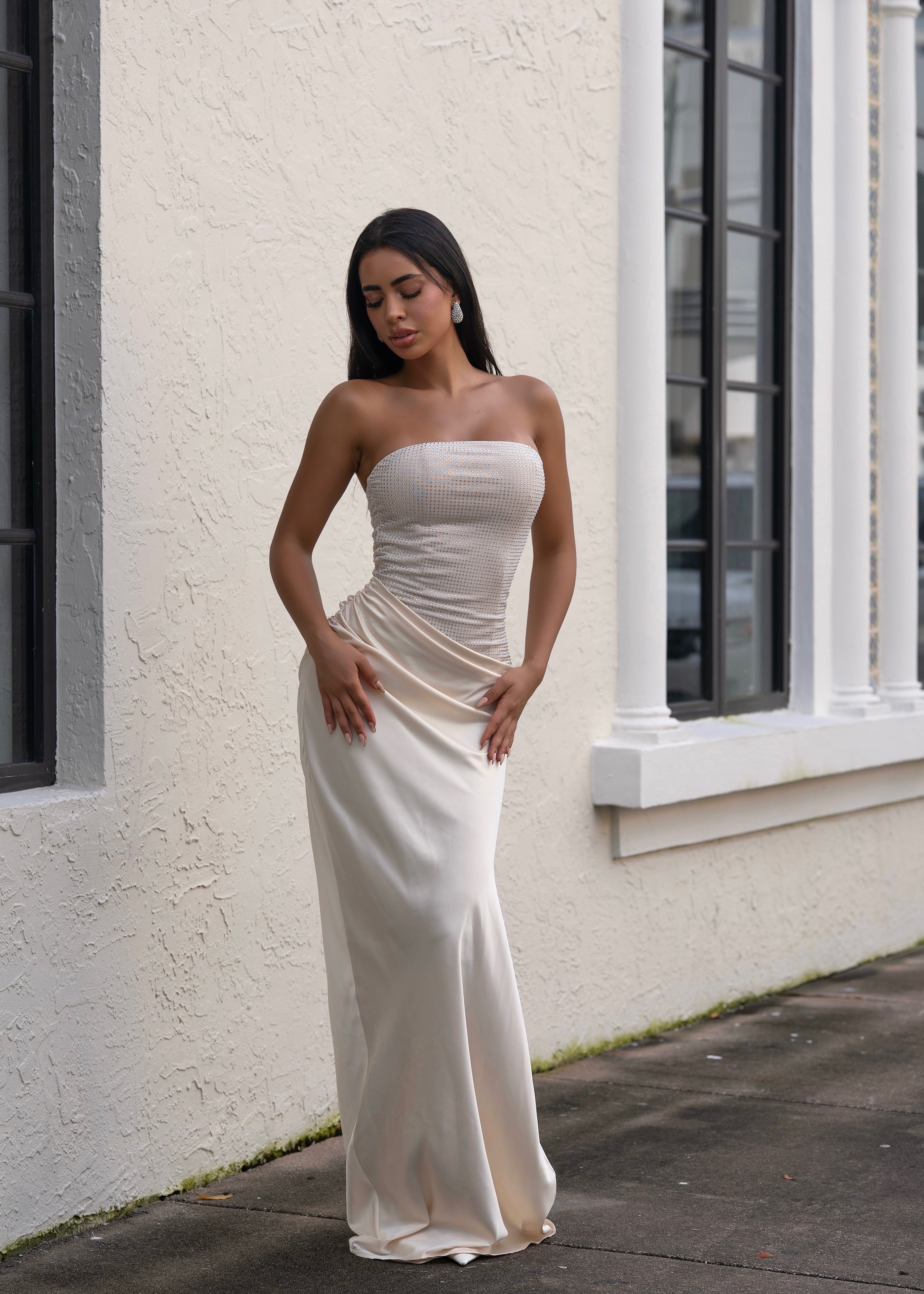 Lumina Drape Ruched Rhinestone Maxi Dress Nude