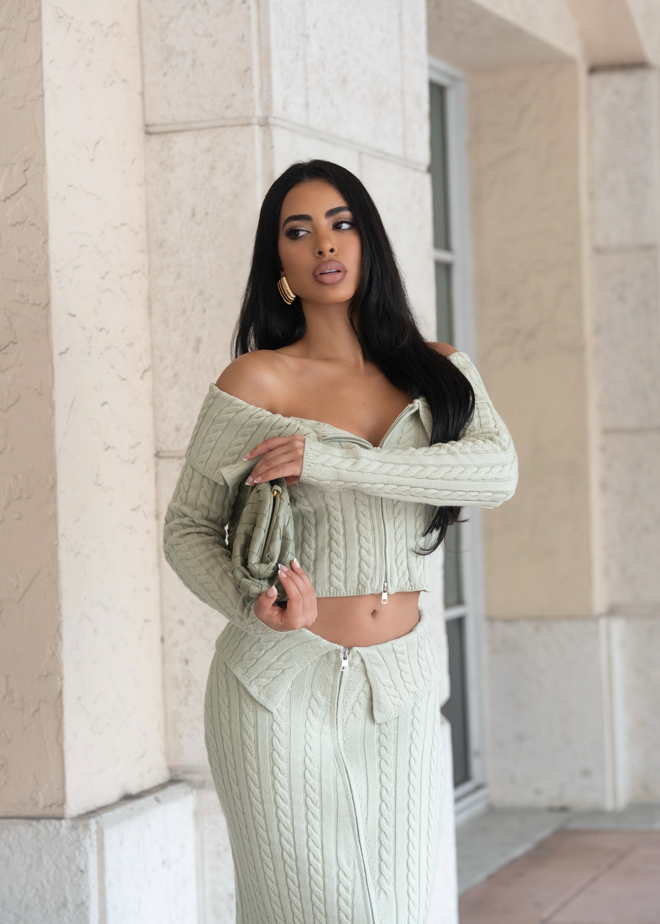 Modern Heiress Knit Skirt Set Green