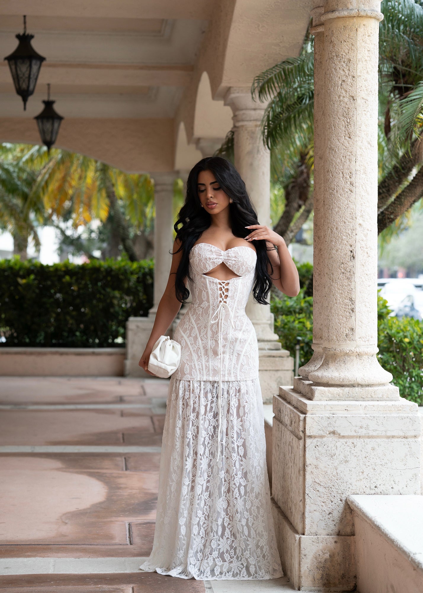 Temple of Allure Floral Lace Maxi Dress White