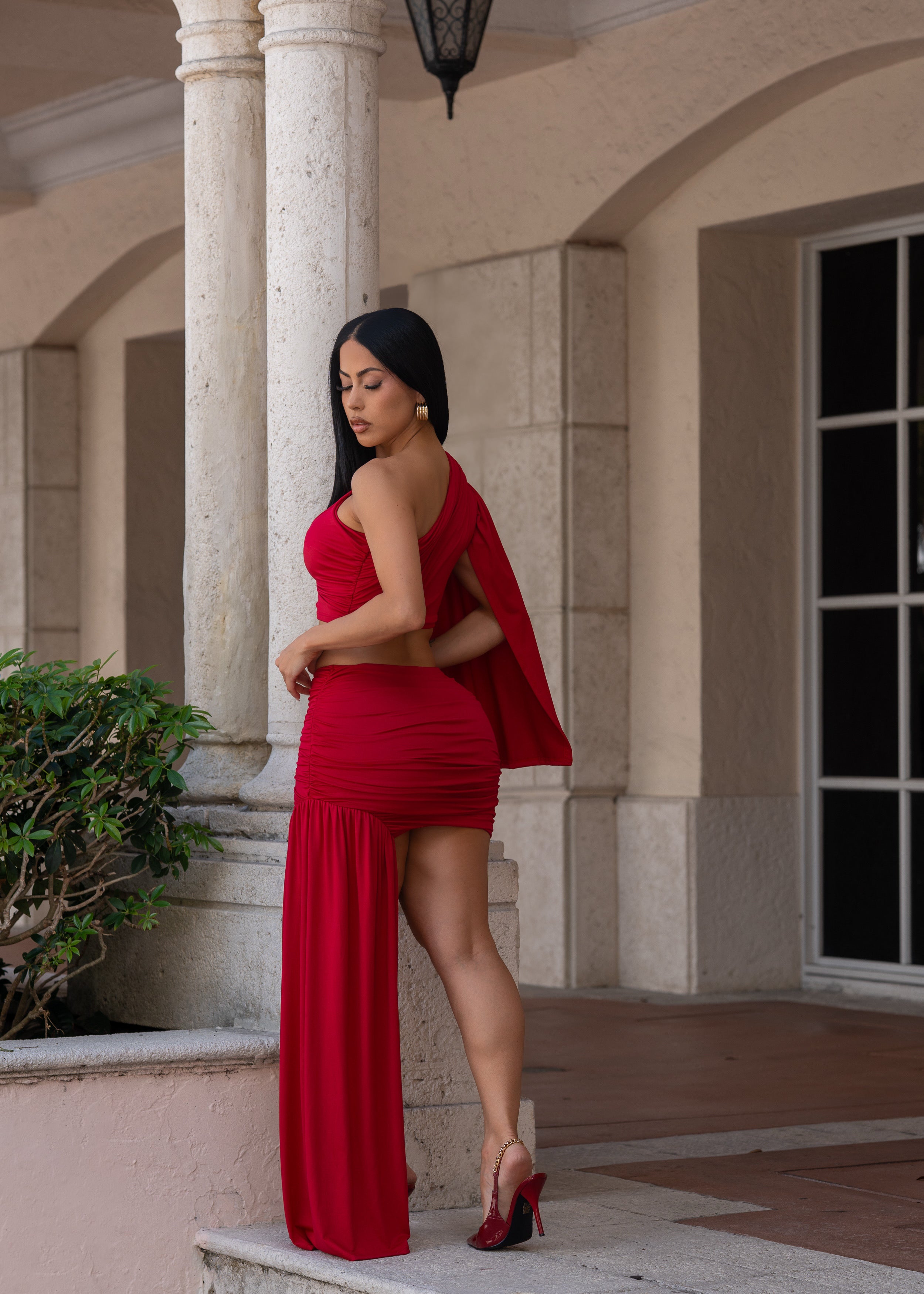 Lush Interval Ruched Skirt Set Red