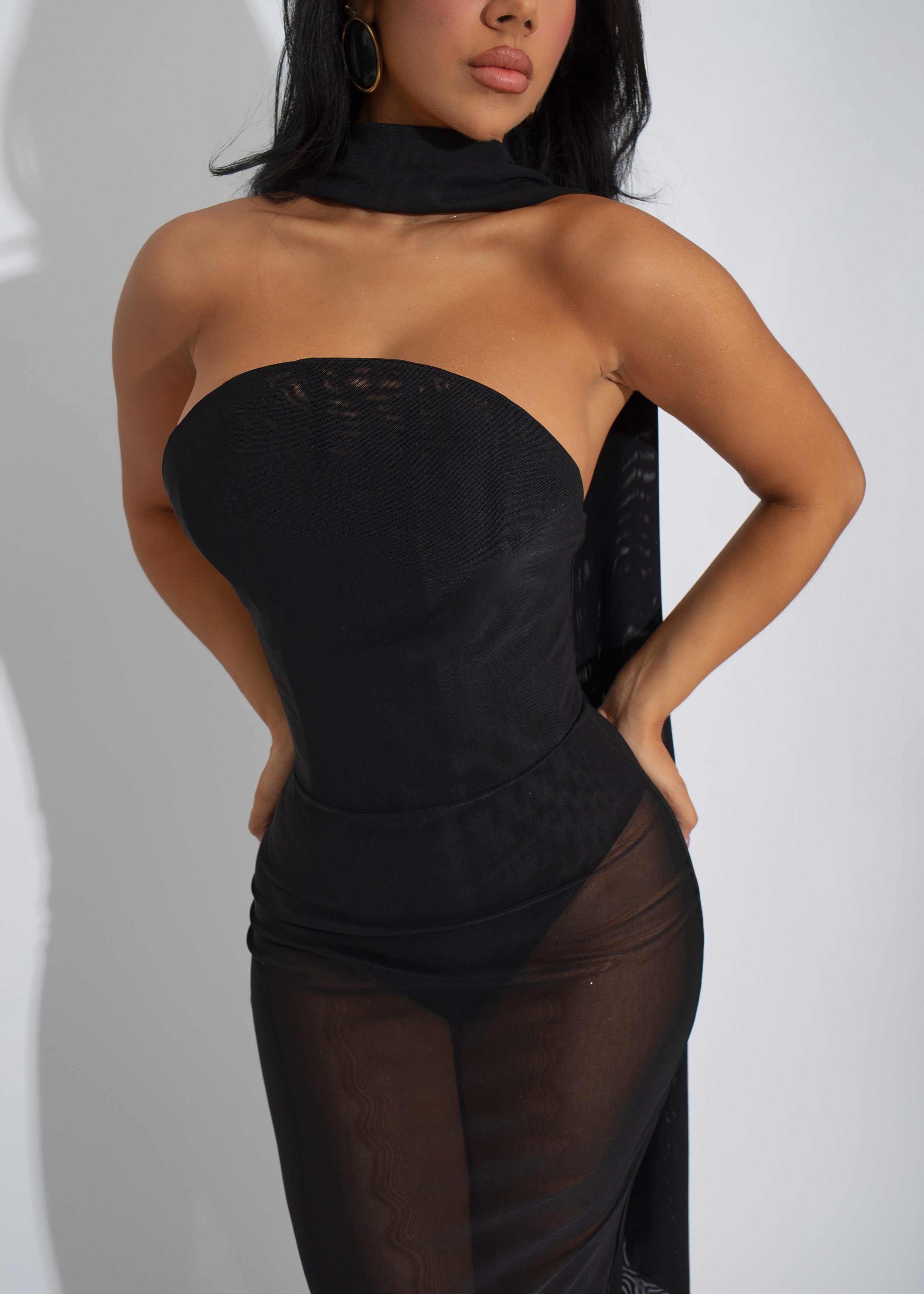 Aura Veil Mesh Midi Dress Black