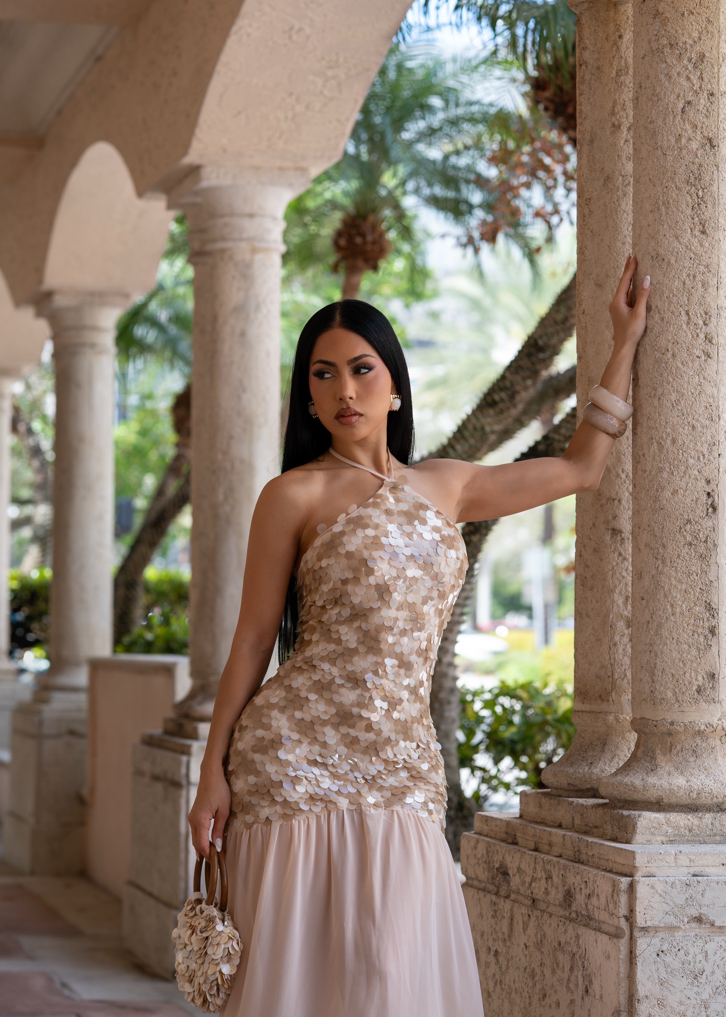 Obsession Royale Sequin Maxi Dress Nude