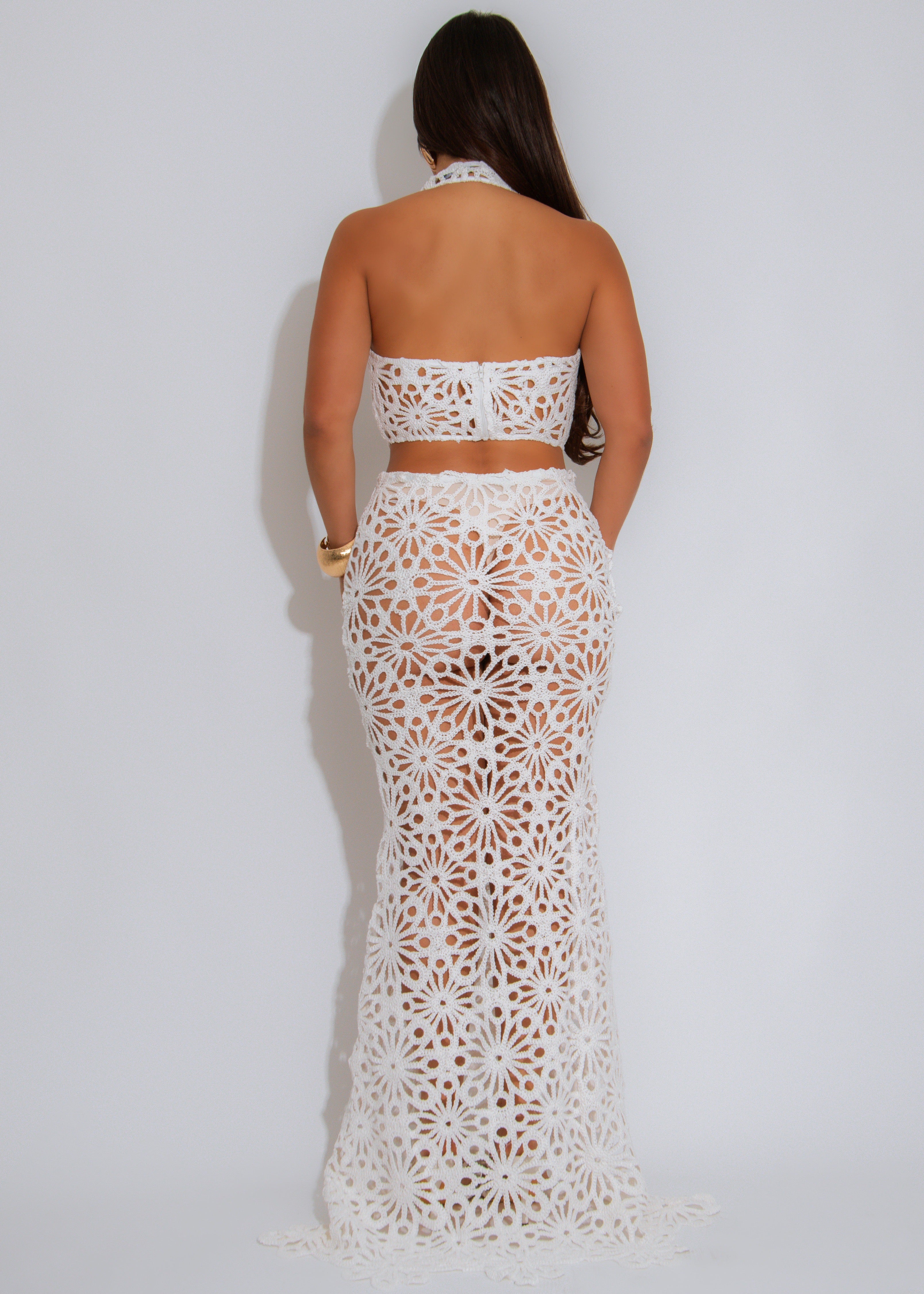 Bloom & Bold Floral Crochet Skirt Set White