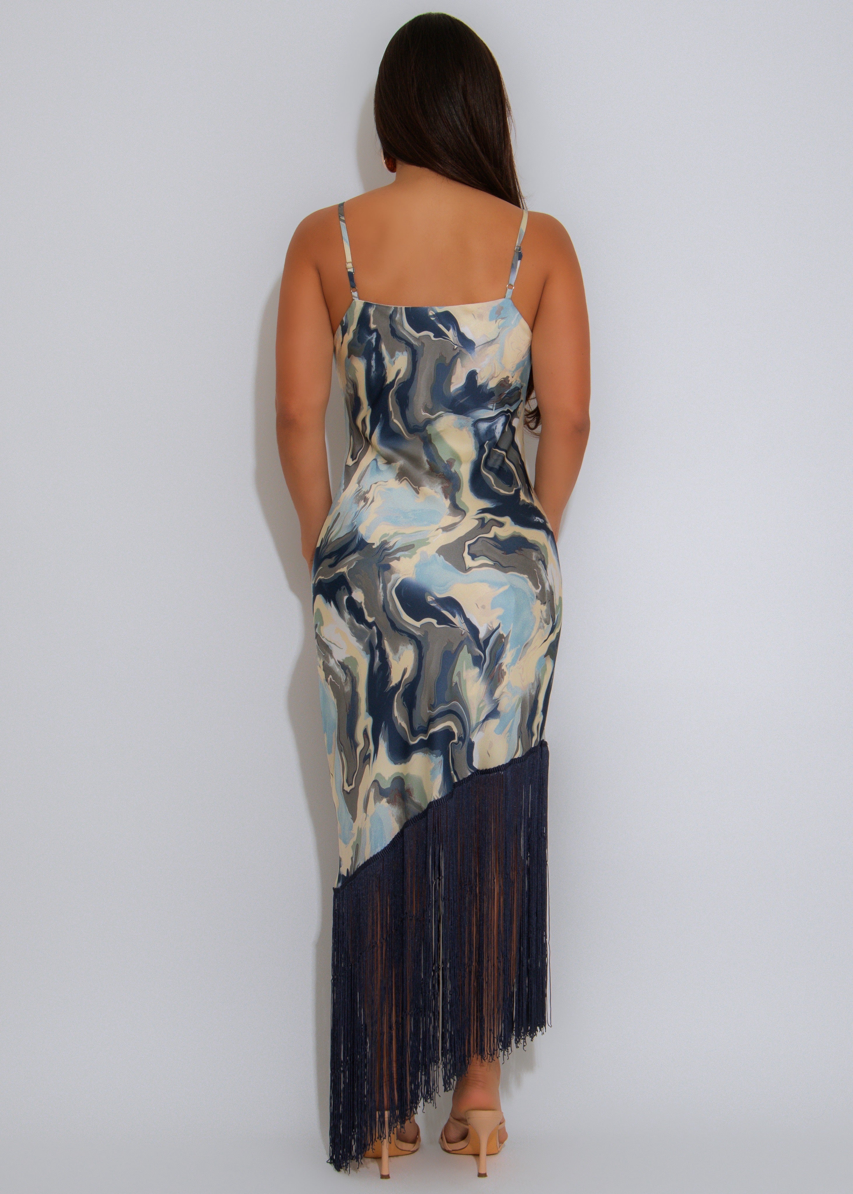 Marble Drift Fringes Maxi Dress Blue