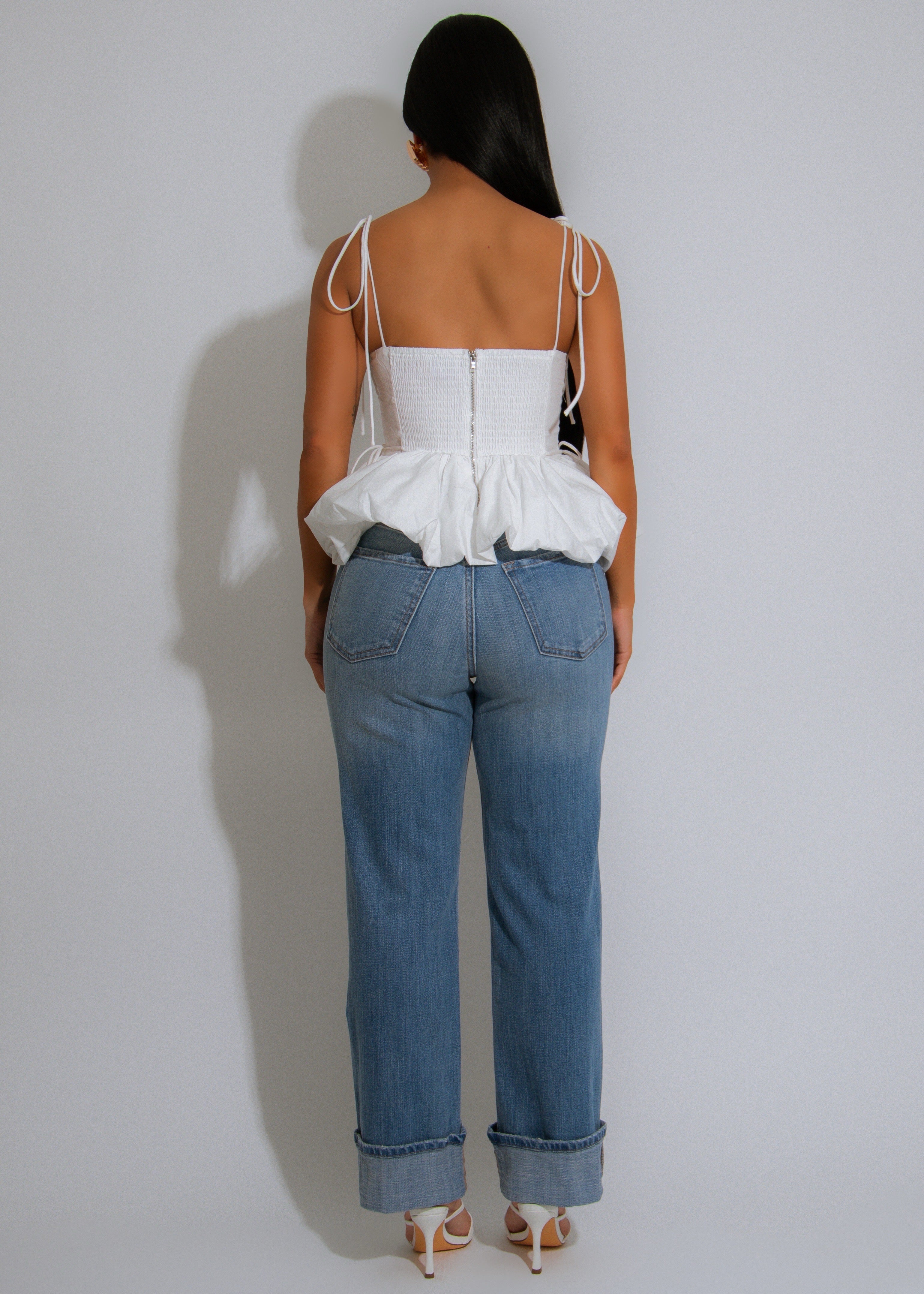 Ruffle Bloom Ruched Long Top White