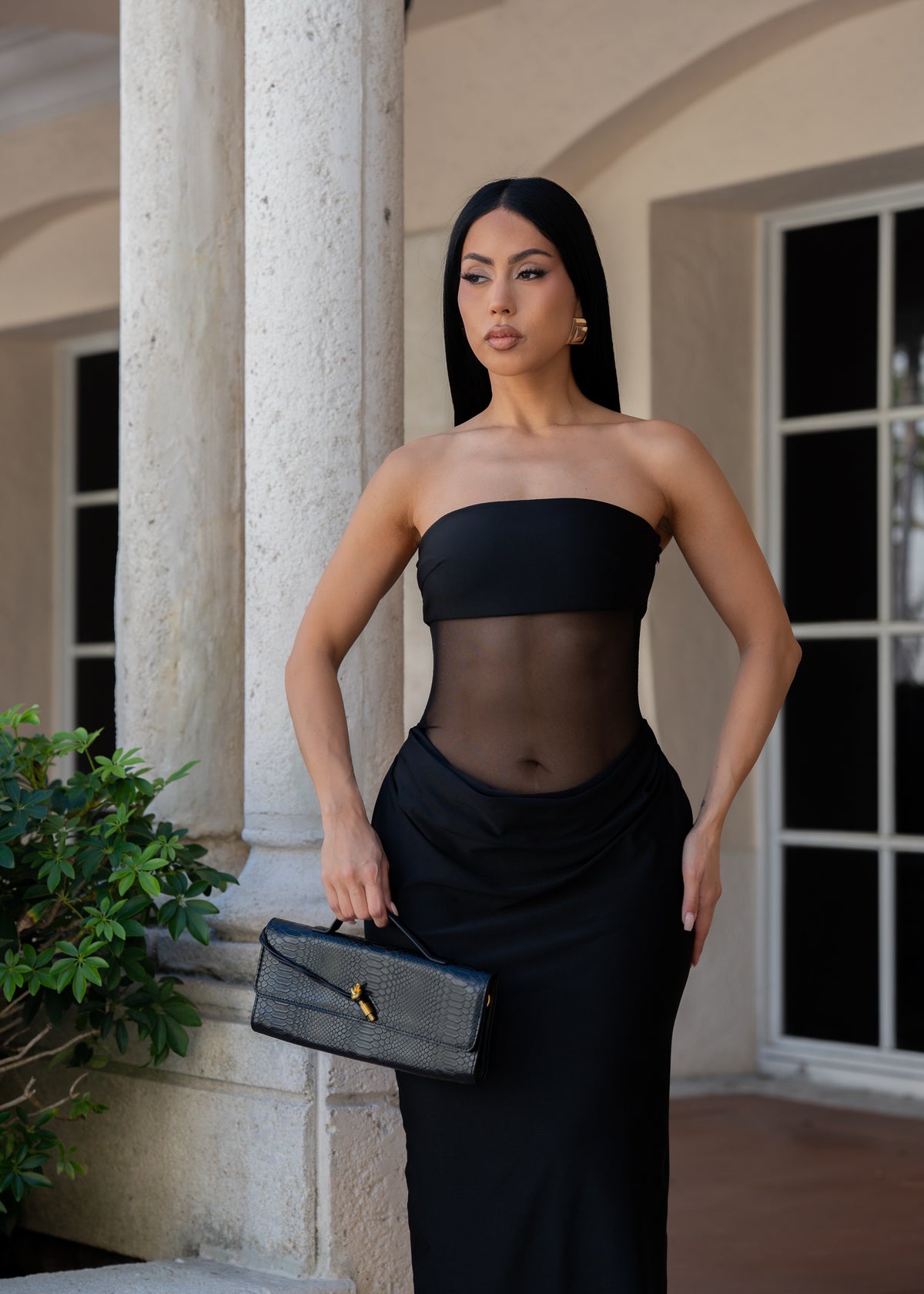 Unspoken Elegance Ruched Mesh Maxi Dress Black