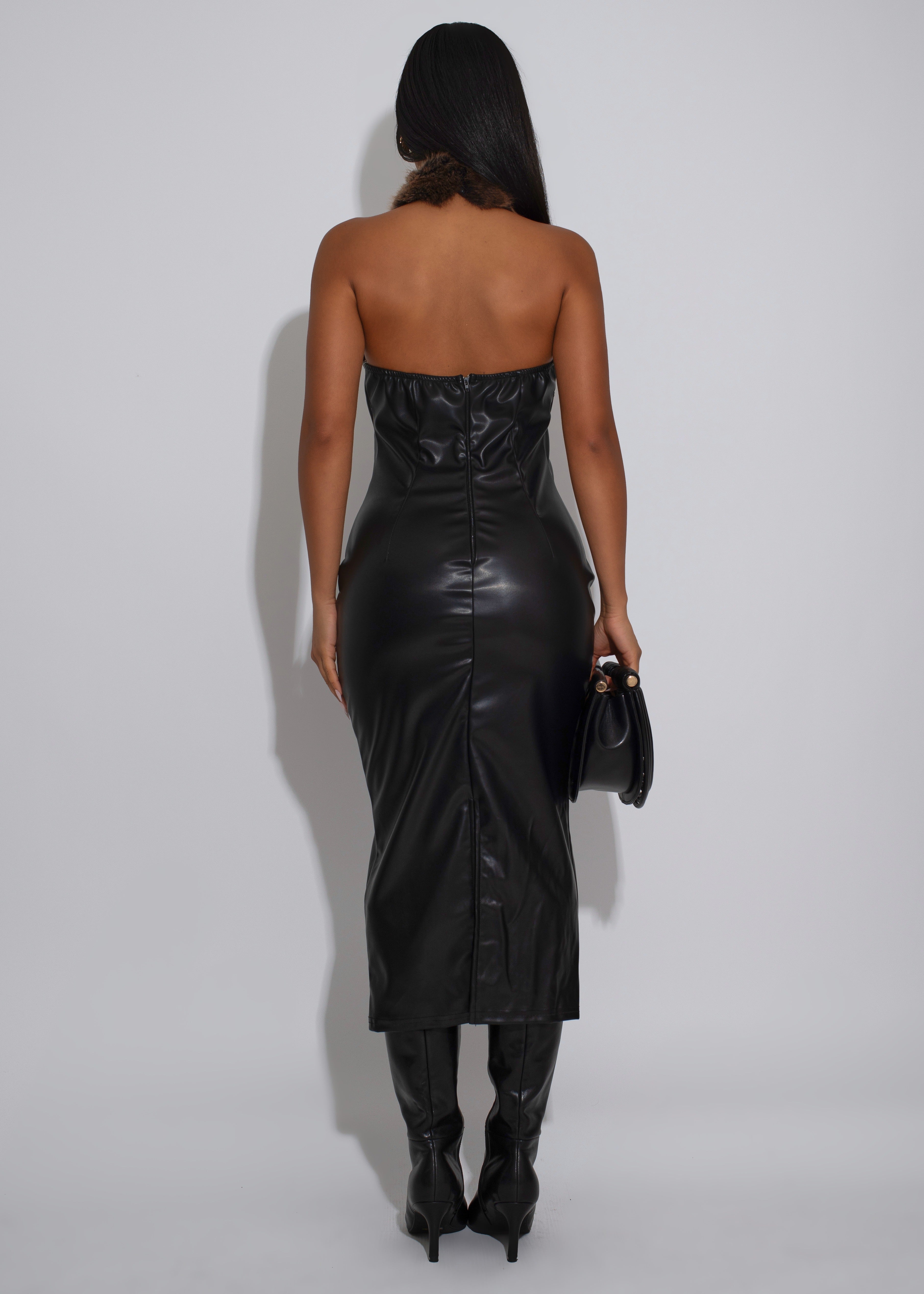 Femme Aura Faux Leather Midi Dress Black