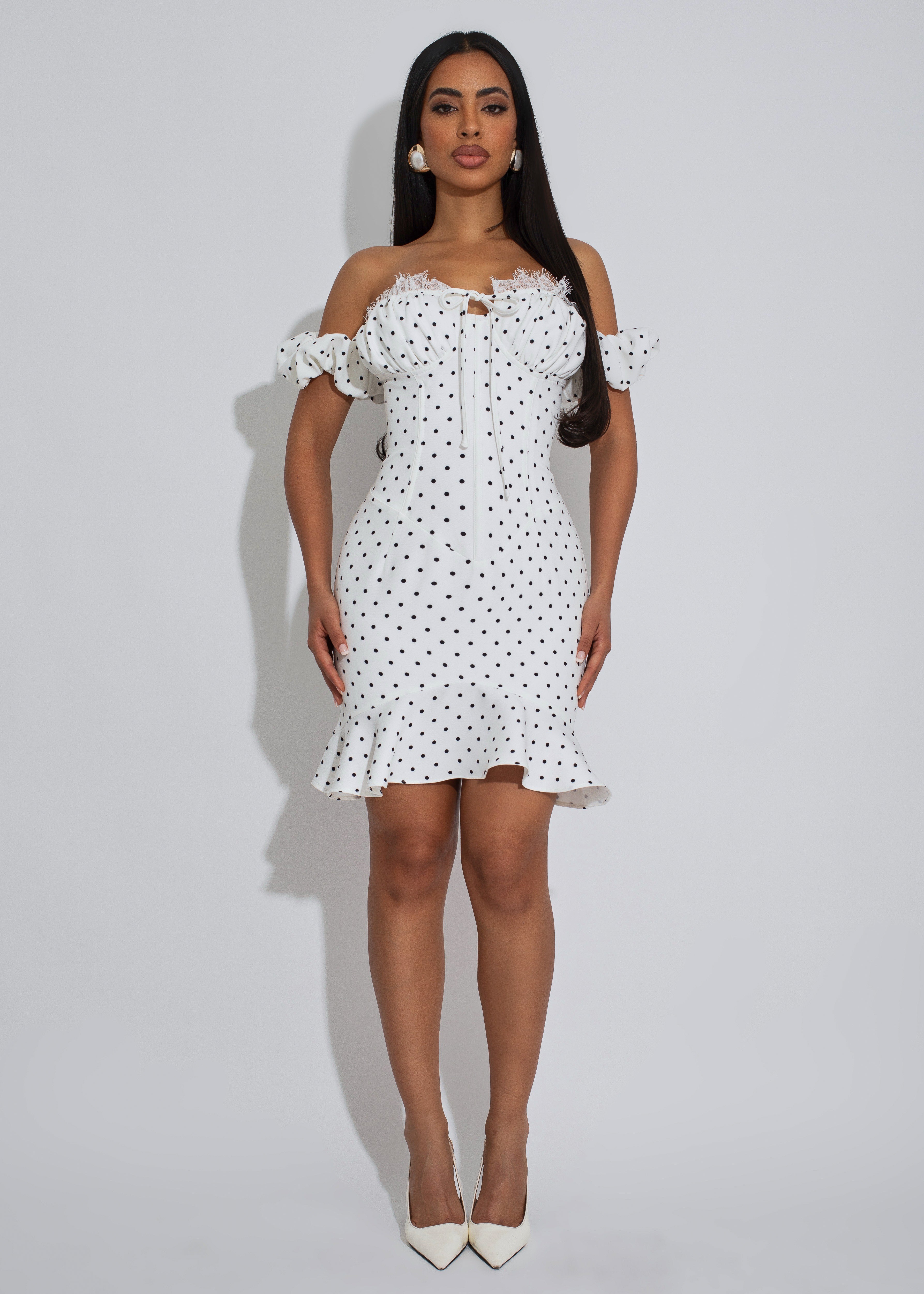 Sweet Parisian Polka Dot Ruched Mini Dress White
