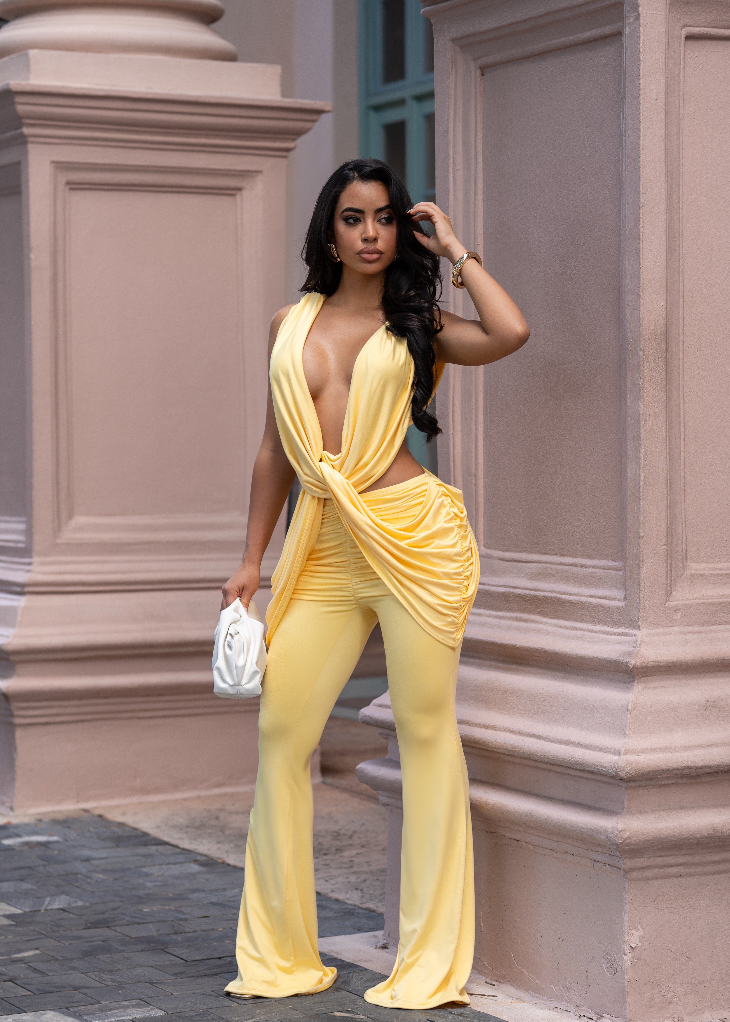 Come Alive In The Night Ruched Jumpsuit Yellow