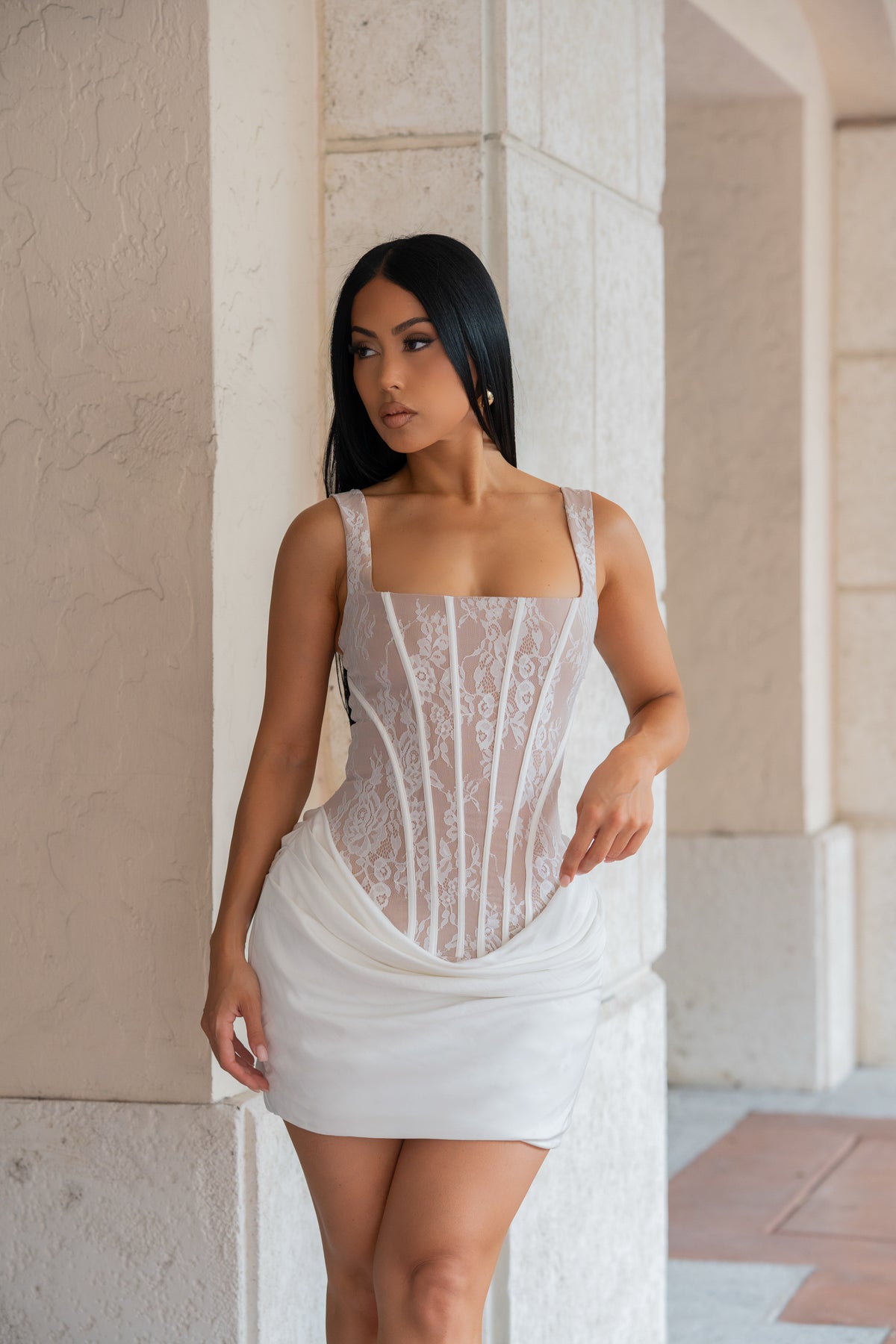 Indecent Romance Lace Floral Mini Dress White