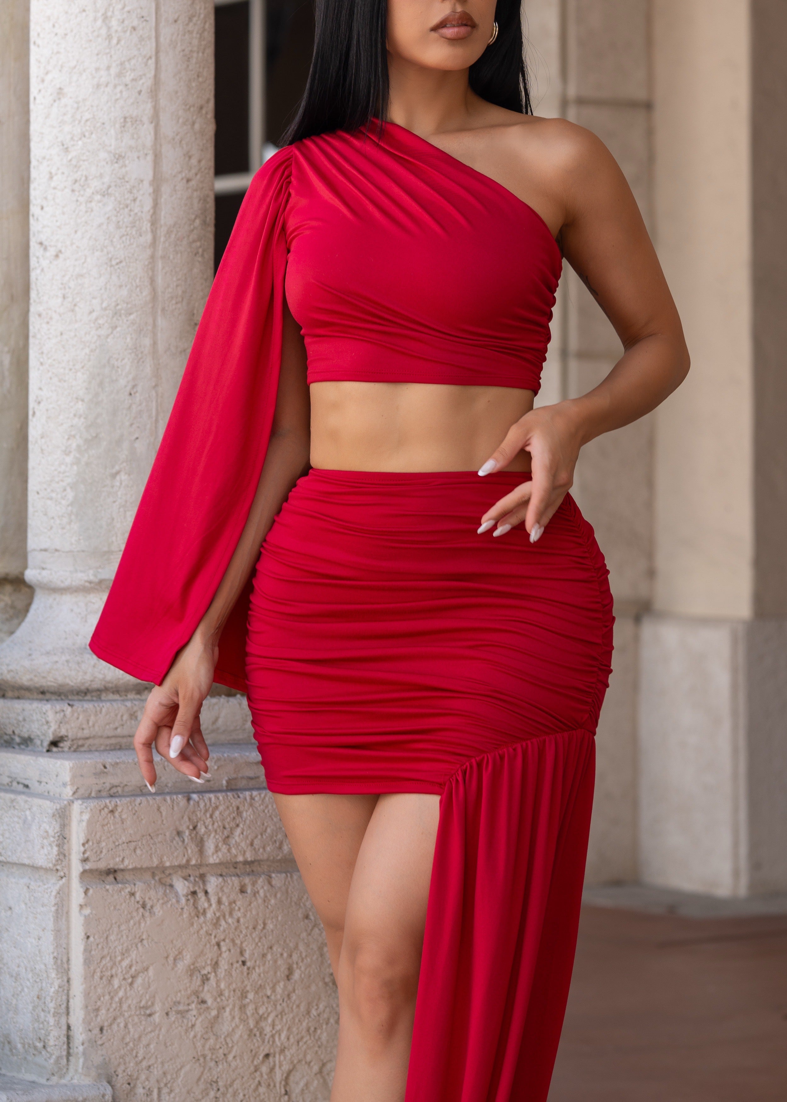 Lush Interval Ruched Skirt Set Red