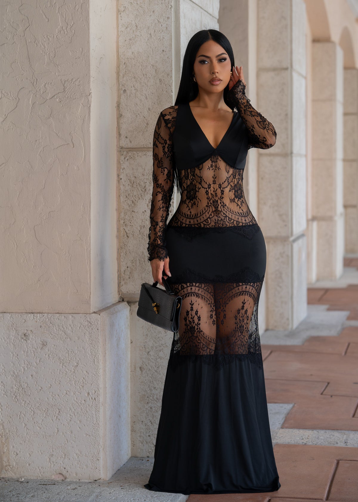 Dangerous Romance Lace Floral Maxi Dress Black