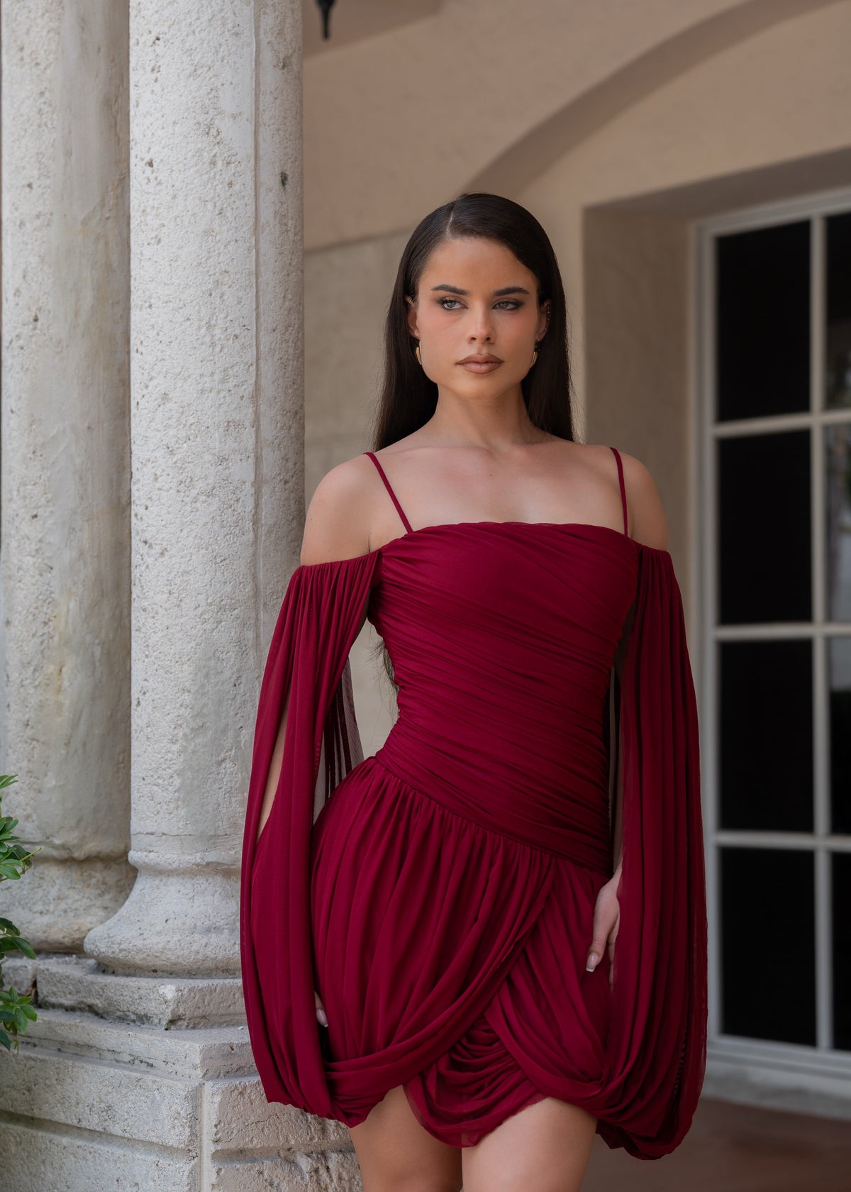 All Eyes On Her Draped Mesh Ruched Mini Dress Red