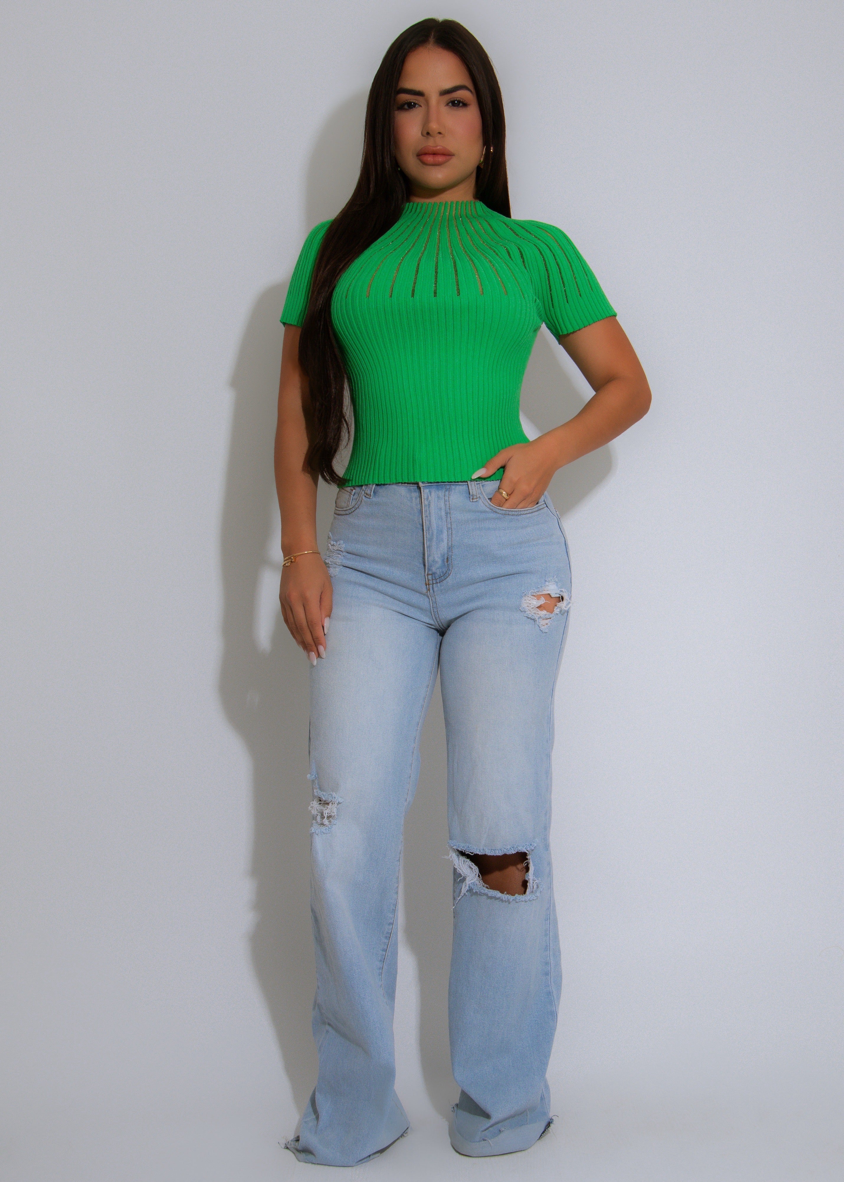 The Vibe Line Tee Ribbed Long Top Green