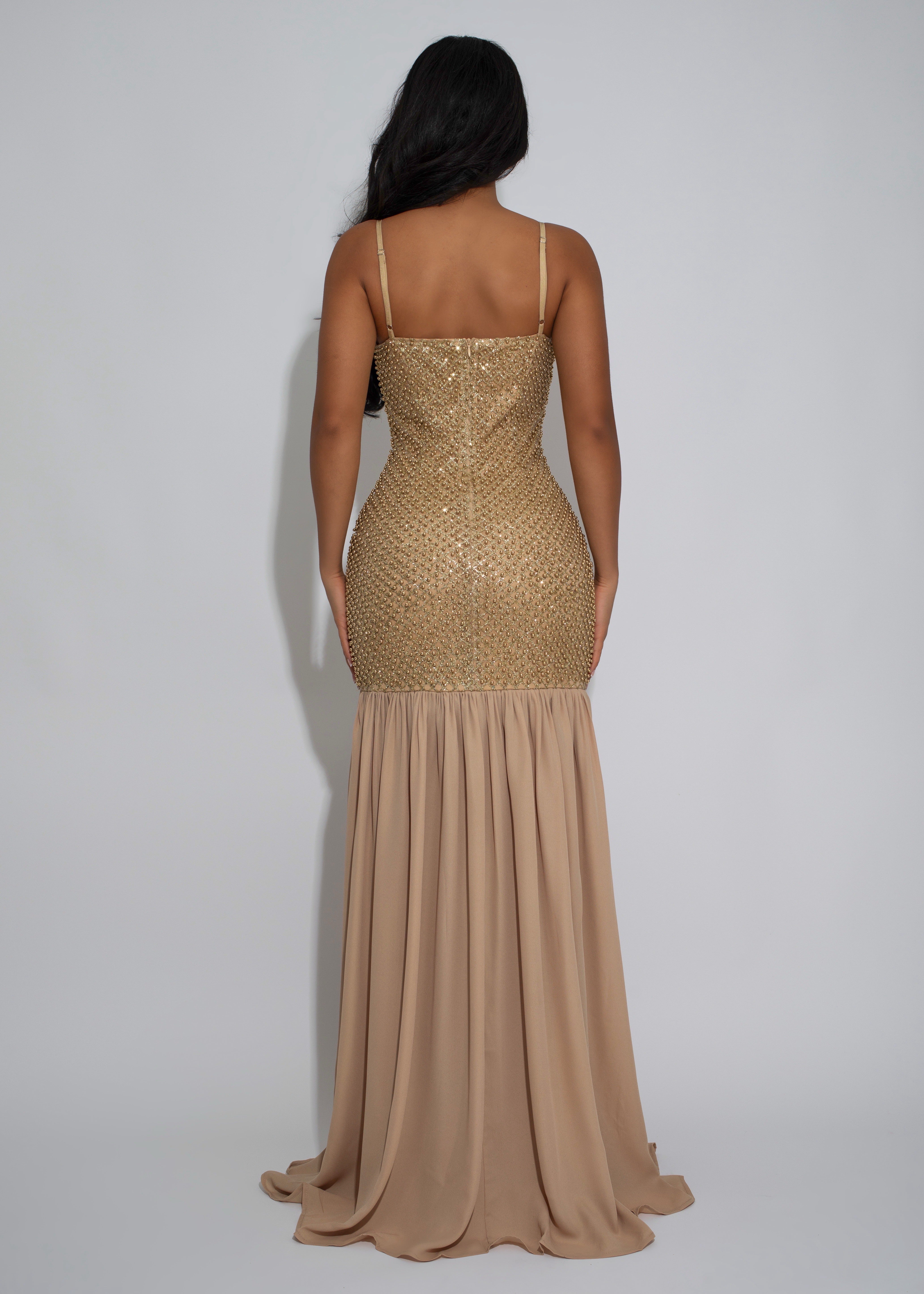 Petal Sequence Glitter Maxi Dress Gold
