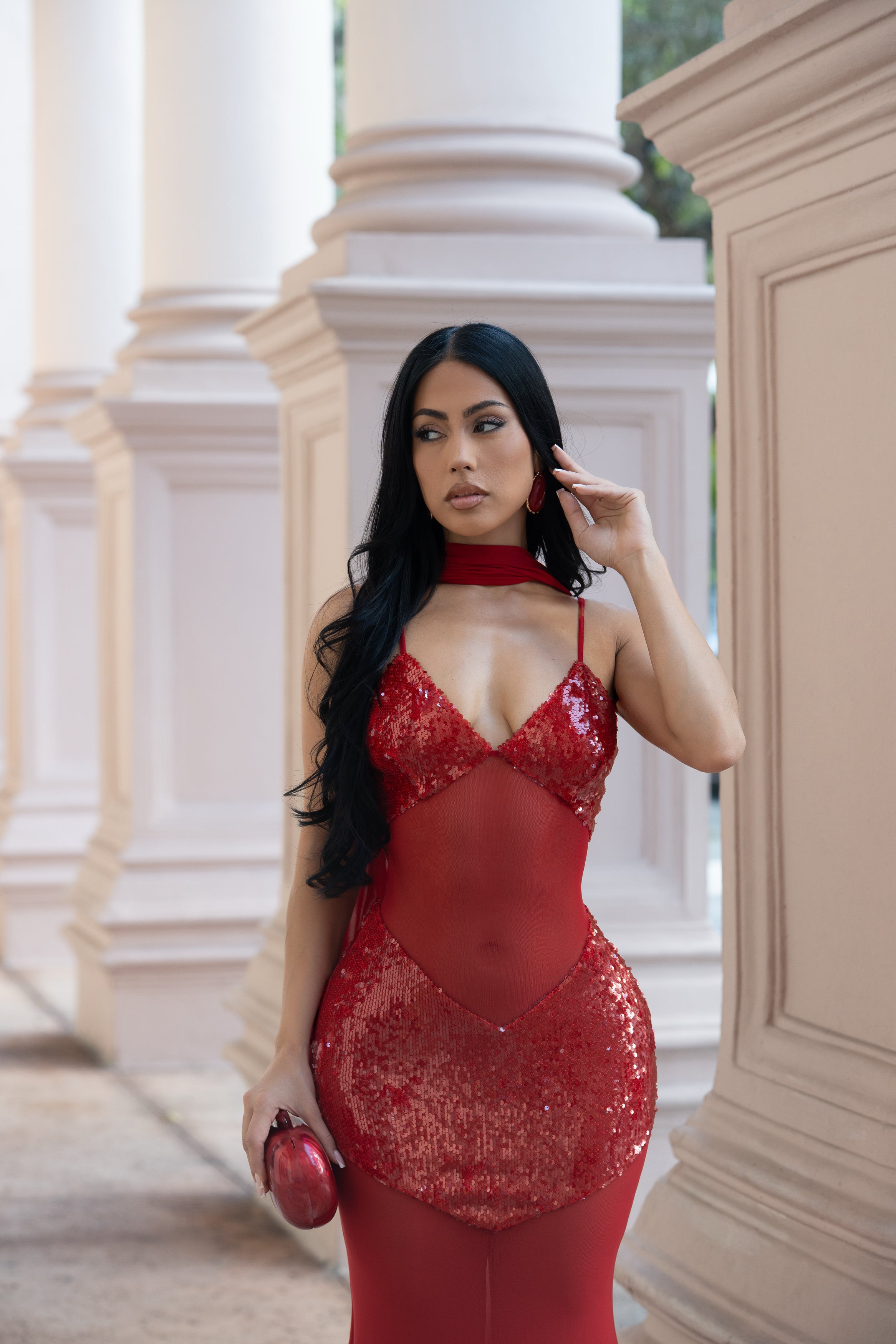 Allure Veil Sequin Mesh Maxi Dress Red