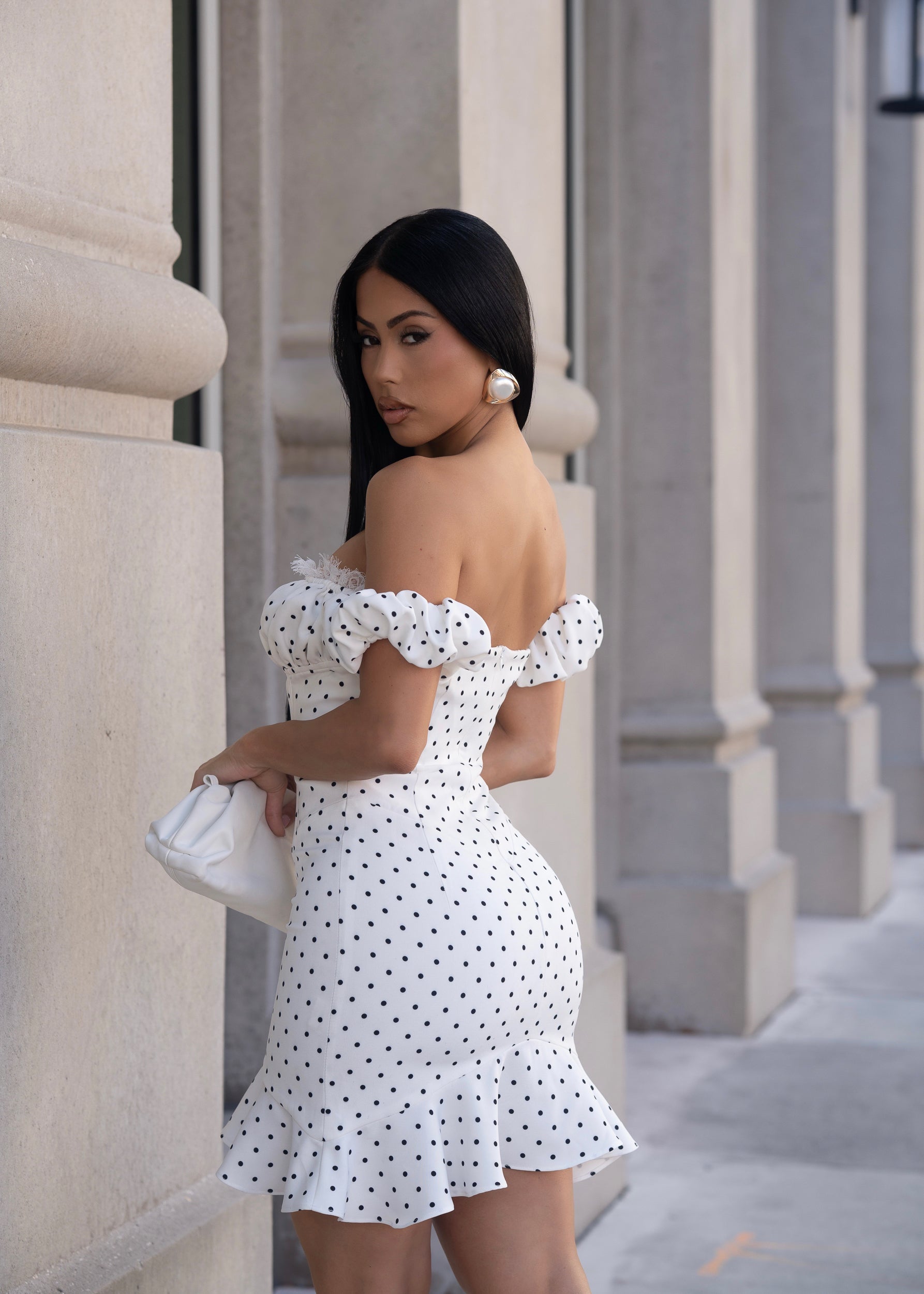 Sweet Parisian Polka Dot Ruched Mini Dress White